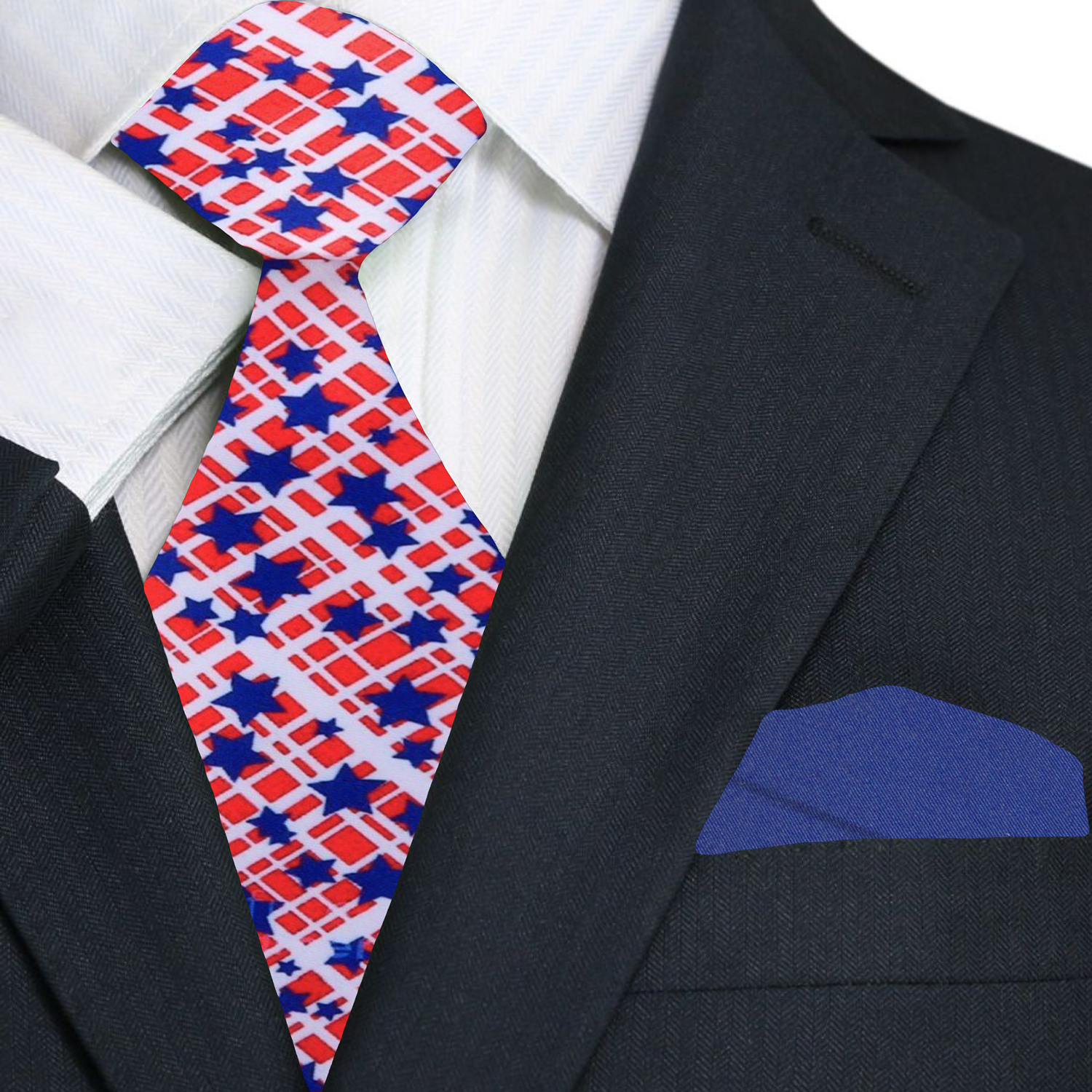 White, Red, Blue Stars and lines Necktie and Blue Square