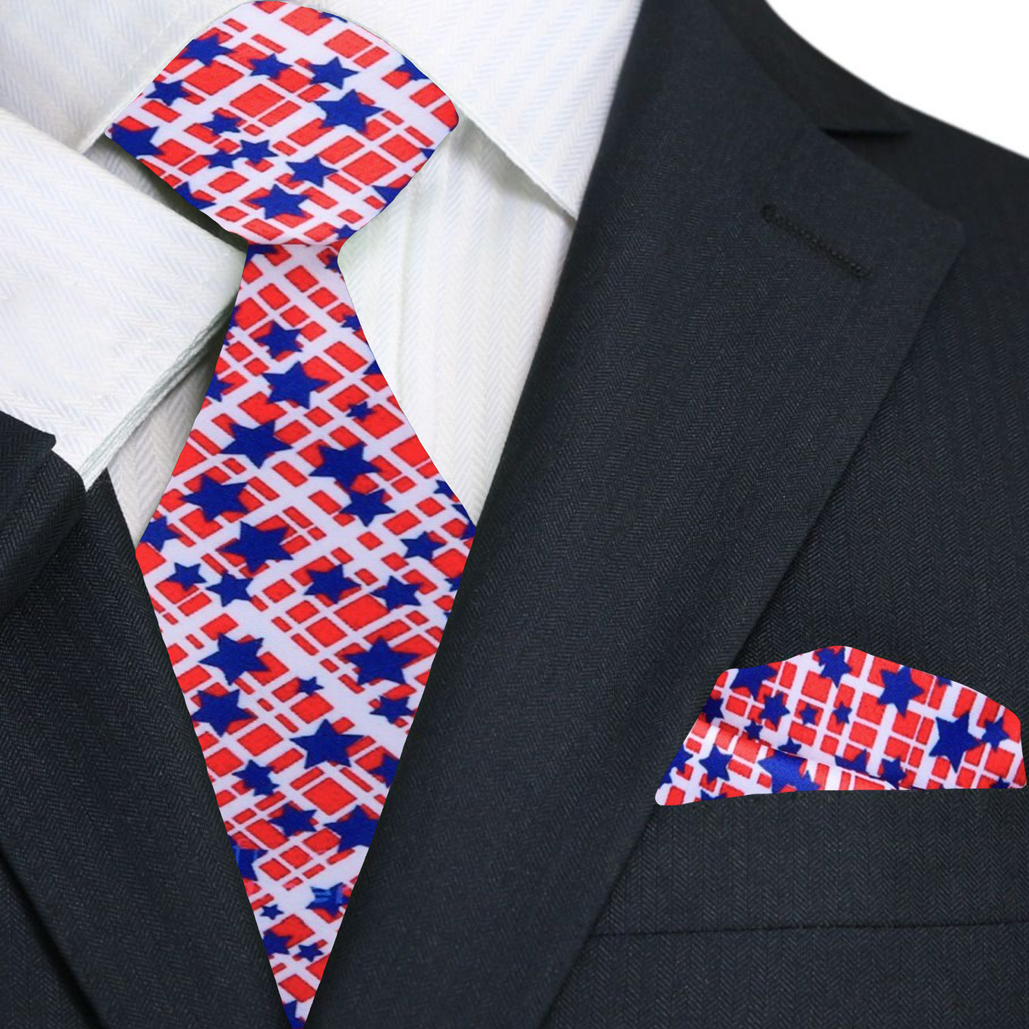 Premium Red, Blue, White Check And Stars Tie and Pocket Square