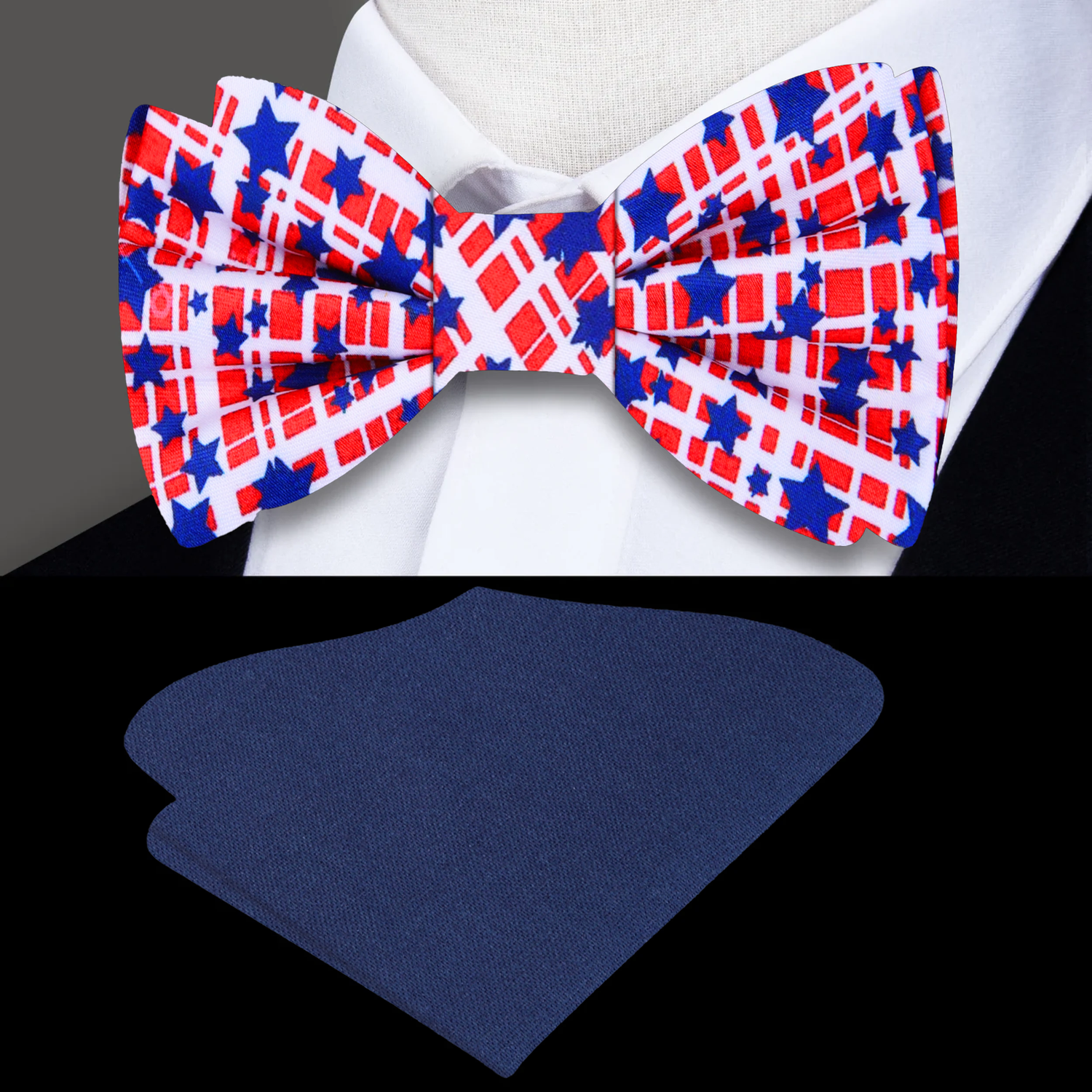 Red Blue Stars Of The District Bow Tie and Dark Blue Pocket Square