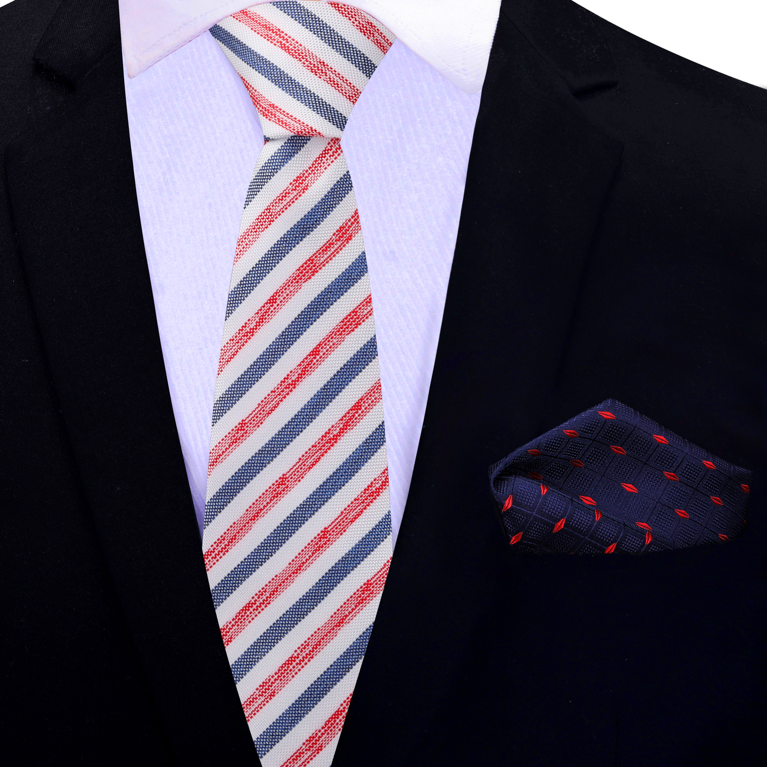 Thin Tie: White with Blue and Red Stripes Necktie with Blue Red Diamonds Square