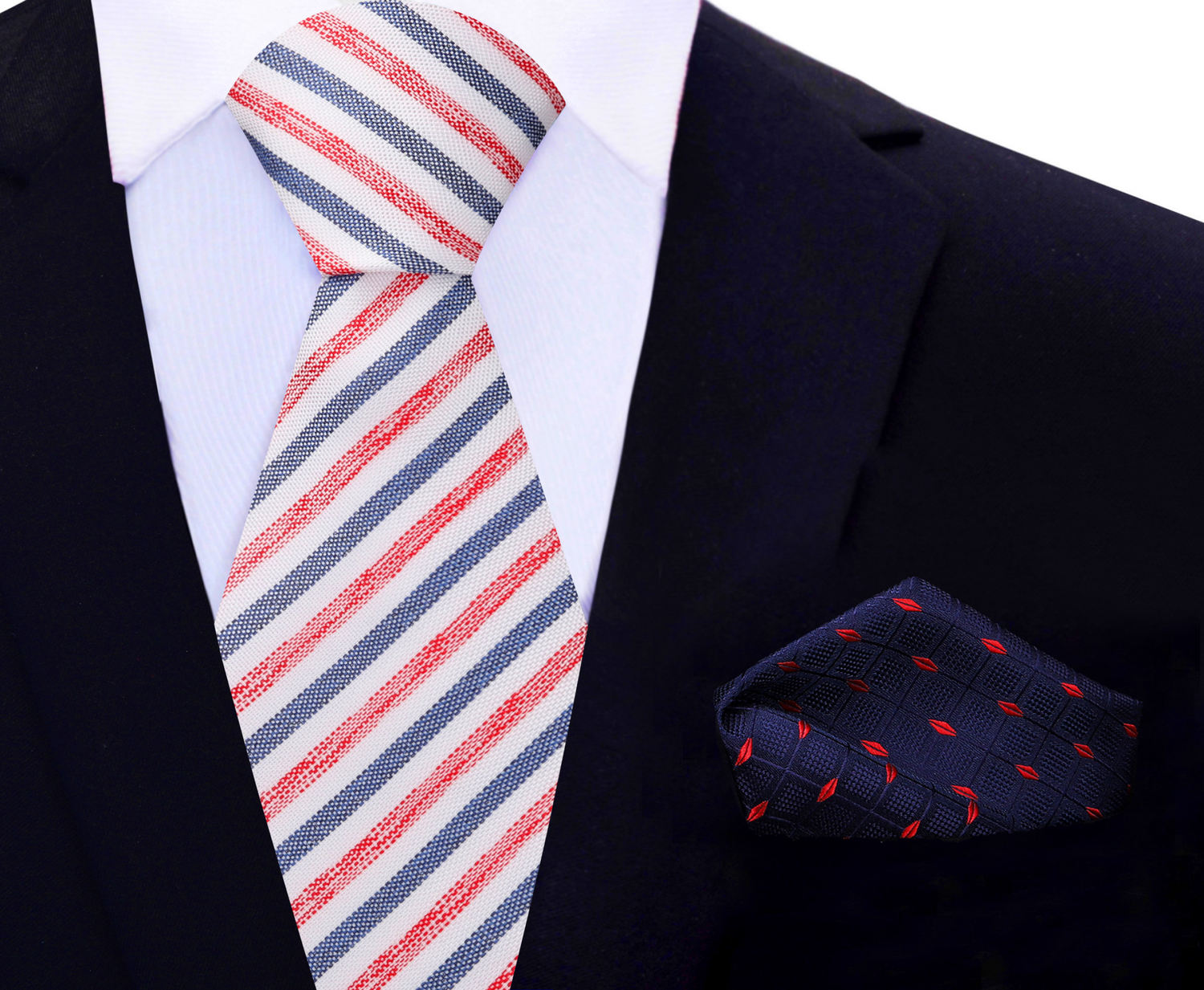 View 2: White with Blue and Red Stripes Necktie with Blue Red Diamonds Square