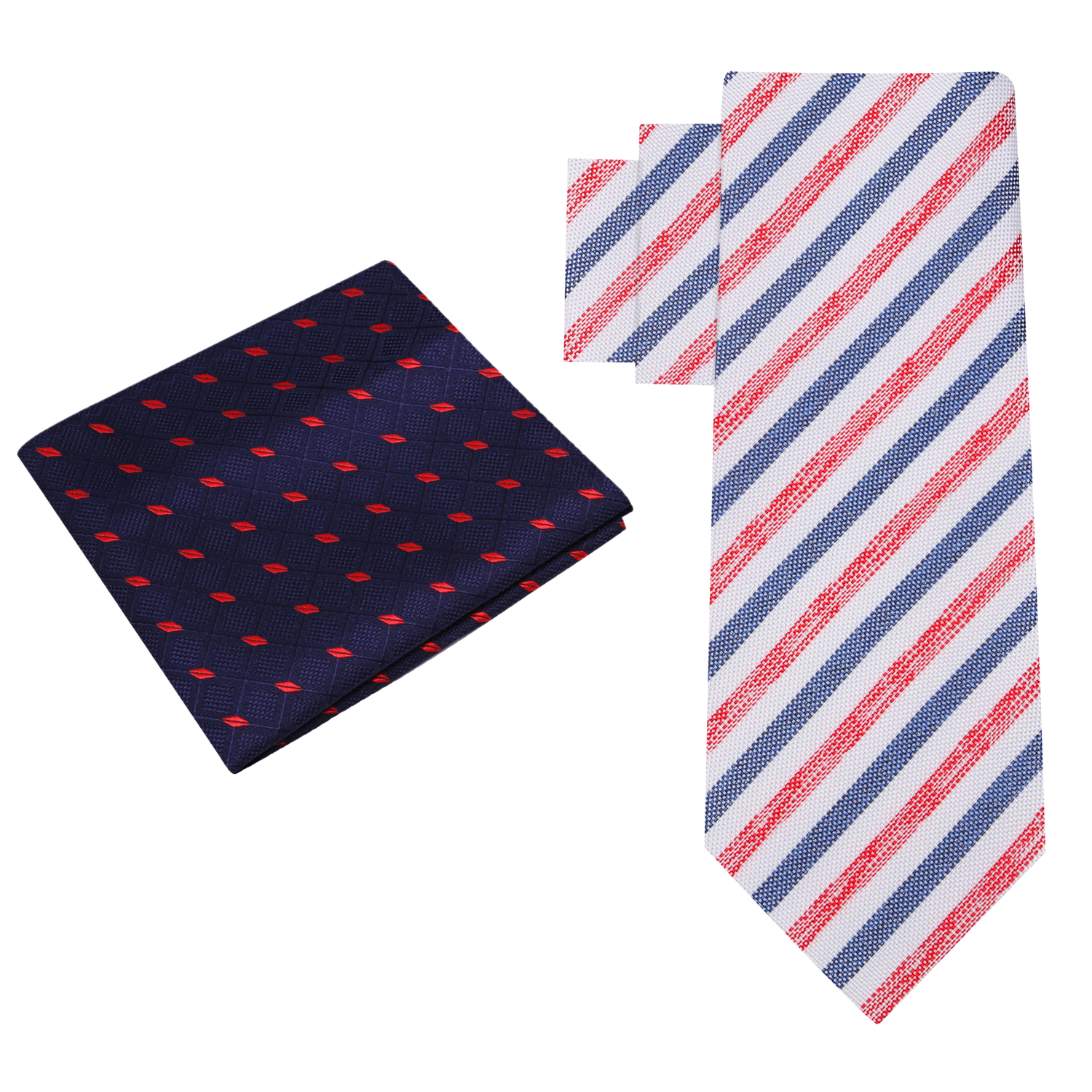 Alt View: White with Blue and Red Stripes Necktie with Blue Red Diamonds Square