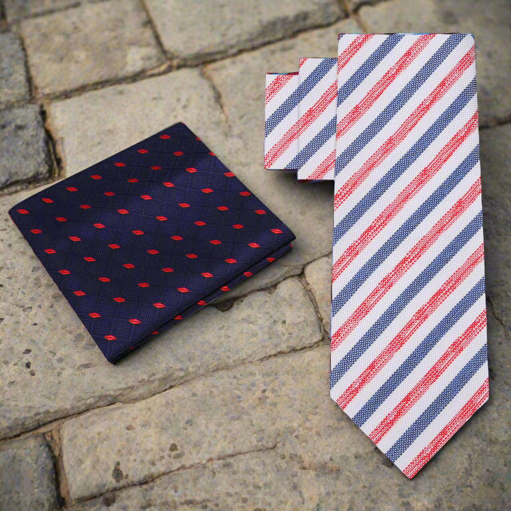 Alt View: White with Blue and Red Stripes Necktie with Blue Red Diamonds Square