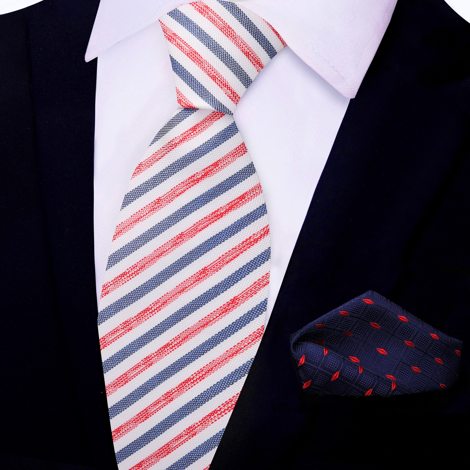 White with Blue and Red Stripes Necktie with Blue Red Diamonds Square