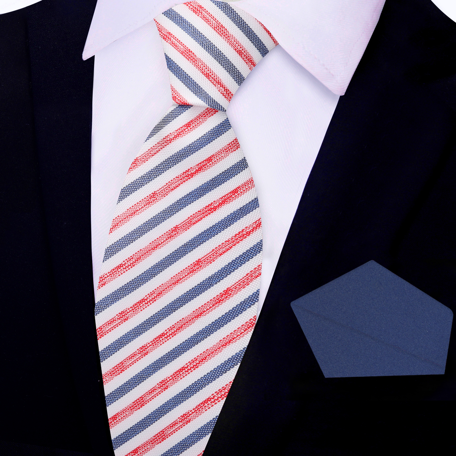 White with Blue and Red Stripes Necktie with Blue  Square