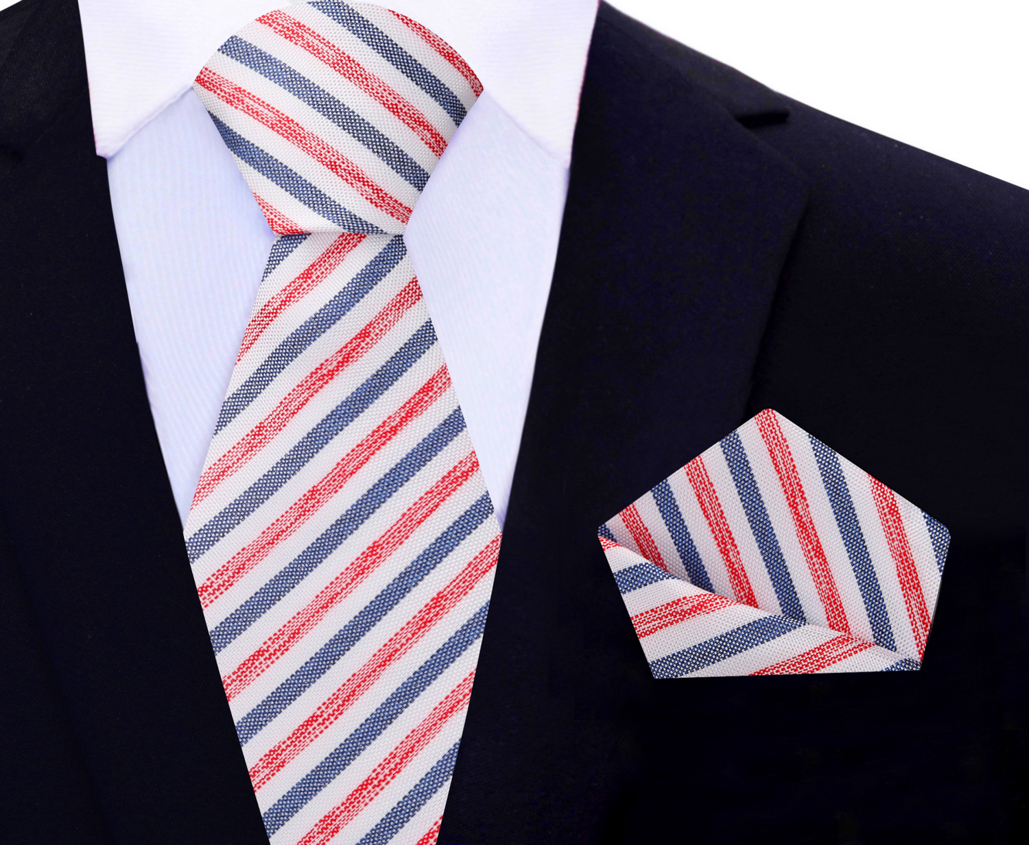 View 2: White with Blue and Red Stripes Necktie Matching Square