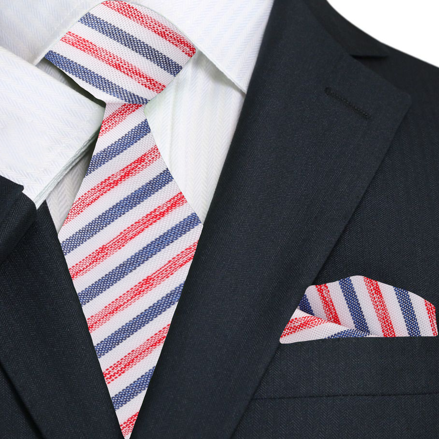 Premium White with Blue and Red Stripes Necktie Matching Square