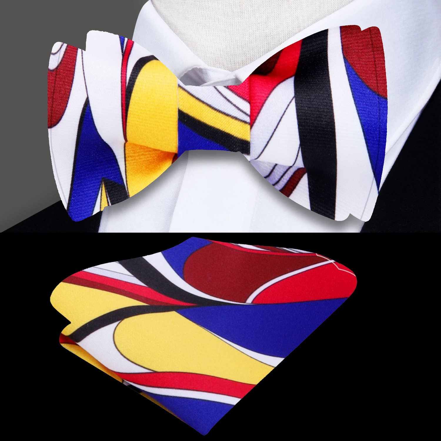 Main: White, Blue, Red, Black, Yellow Abstract Bow Tie and Square