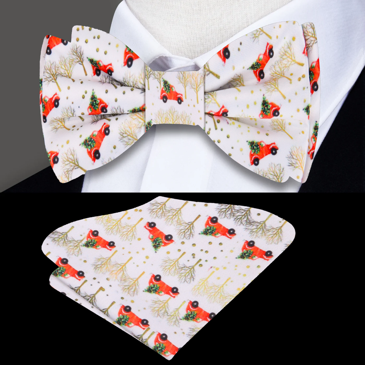 White Red Christmas Tree Car Bow Tie and Square