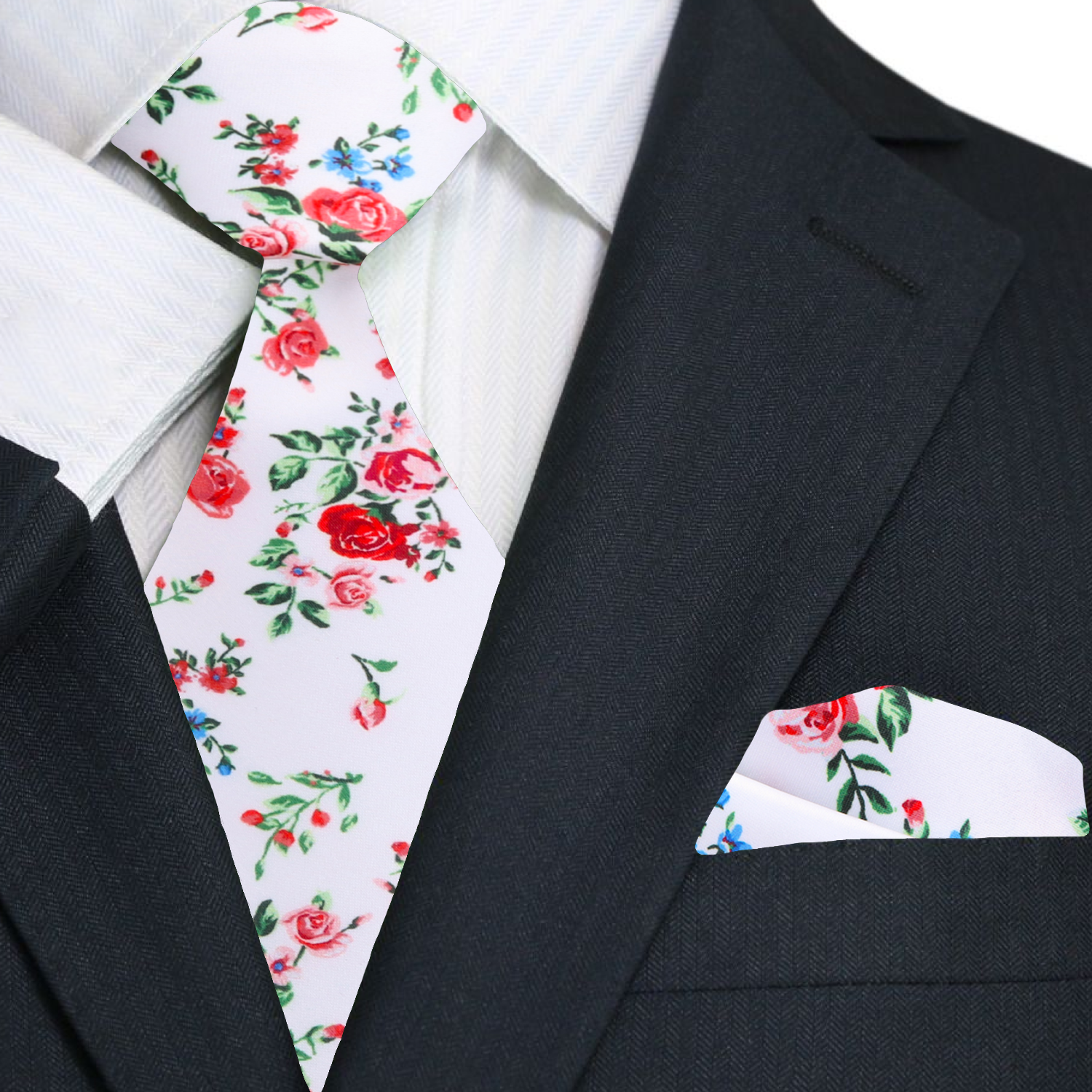 Premium Main View: White, Red, Green Rose Bunches Tie and Pocket Square