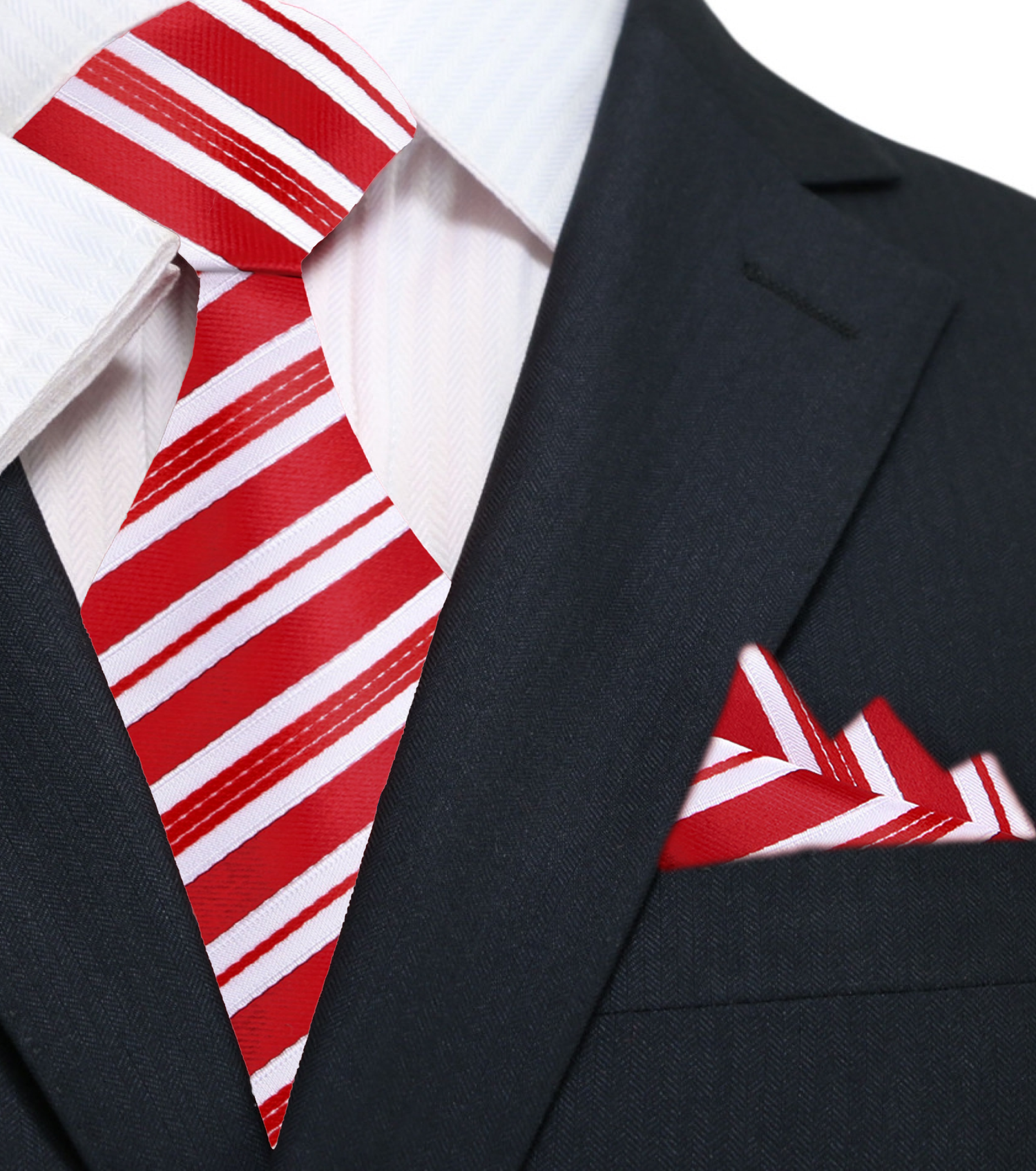 Main: A White, Red Stripe Pattern Silk Necktie, Matching Pocket Square