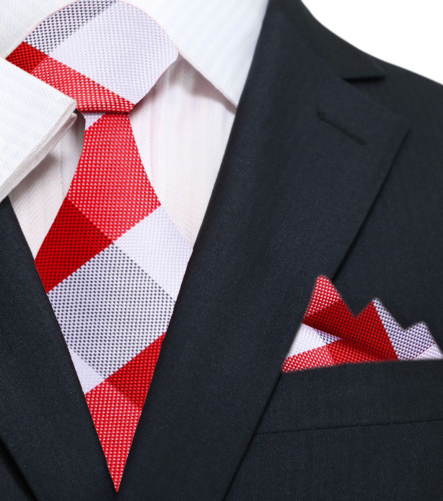 Main: A Red, White Plaid Pattern Silk Necktie, Matching Pocket Square