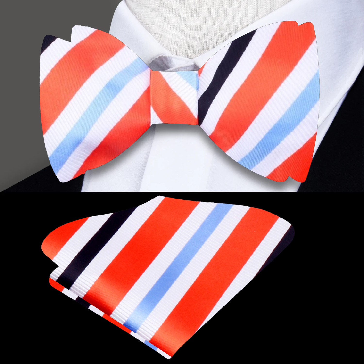 orange white blue black stripe bow tie and square||Orange, Black, Light Blue, White