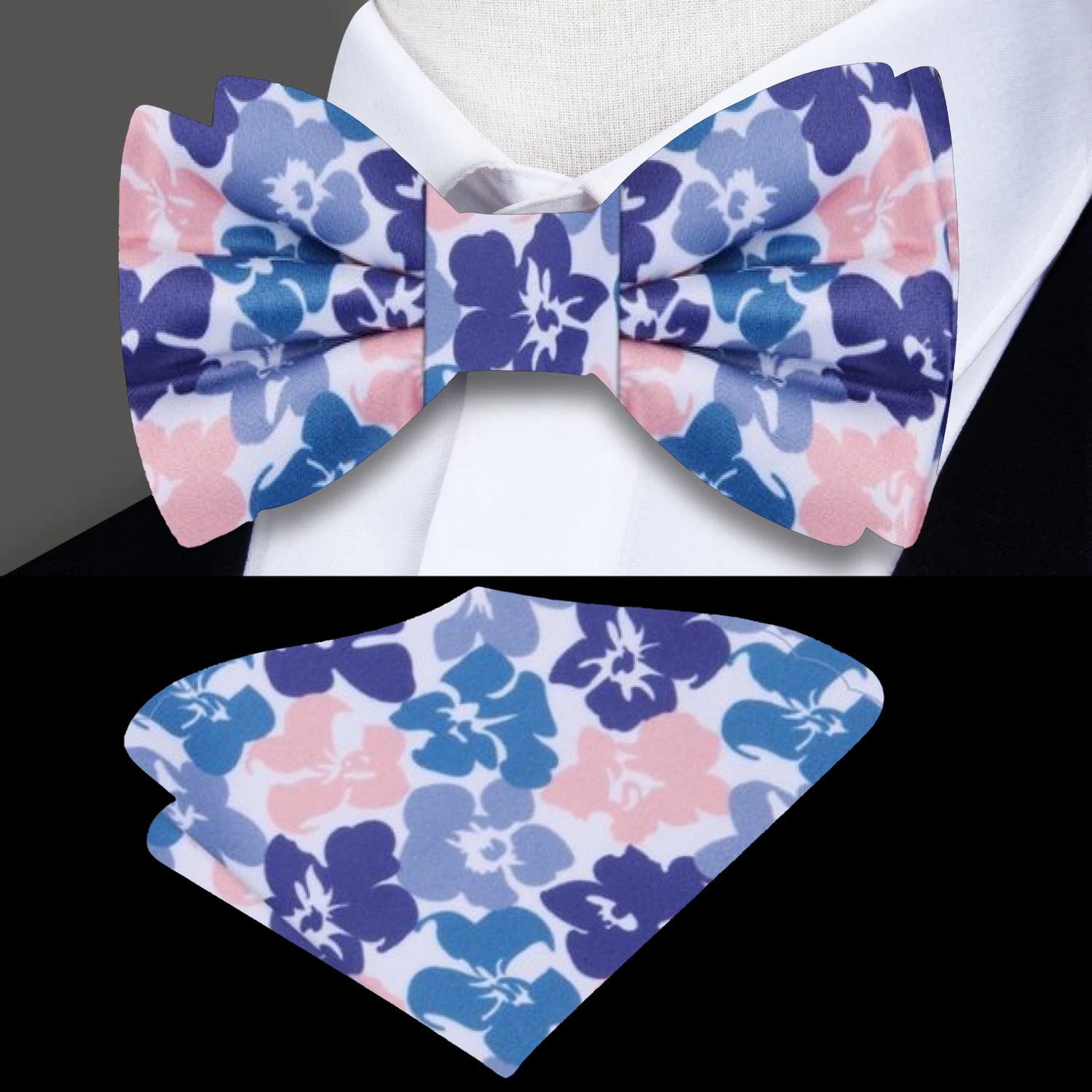 White Rich Teal Light Coral Hibiscus Flowers Bow Tie and Square