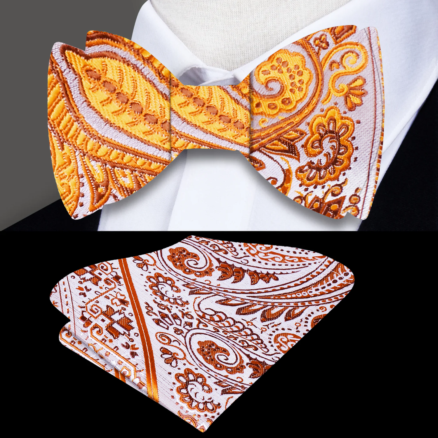 A Orange, Cream Paisley Pattern Silk Self Tie Bow Tie, Matching Pocket Square