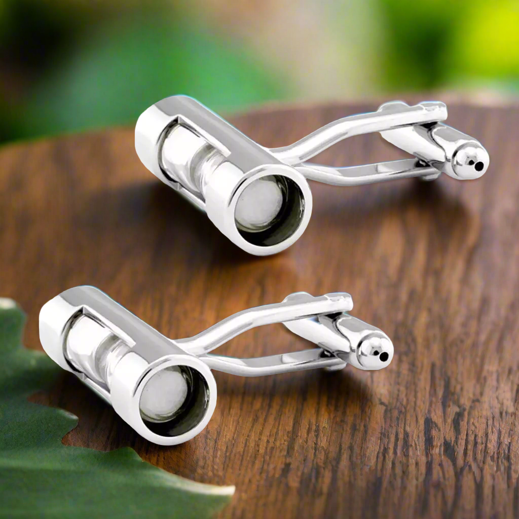 View 2 A chrome and white colored hour glass shape cuff-links set||White Sand