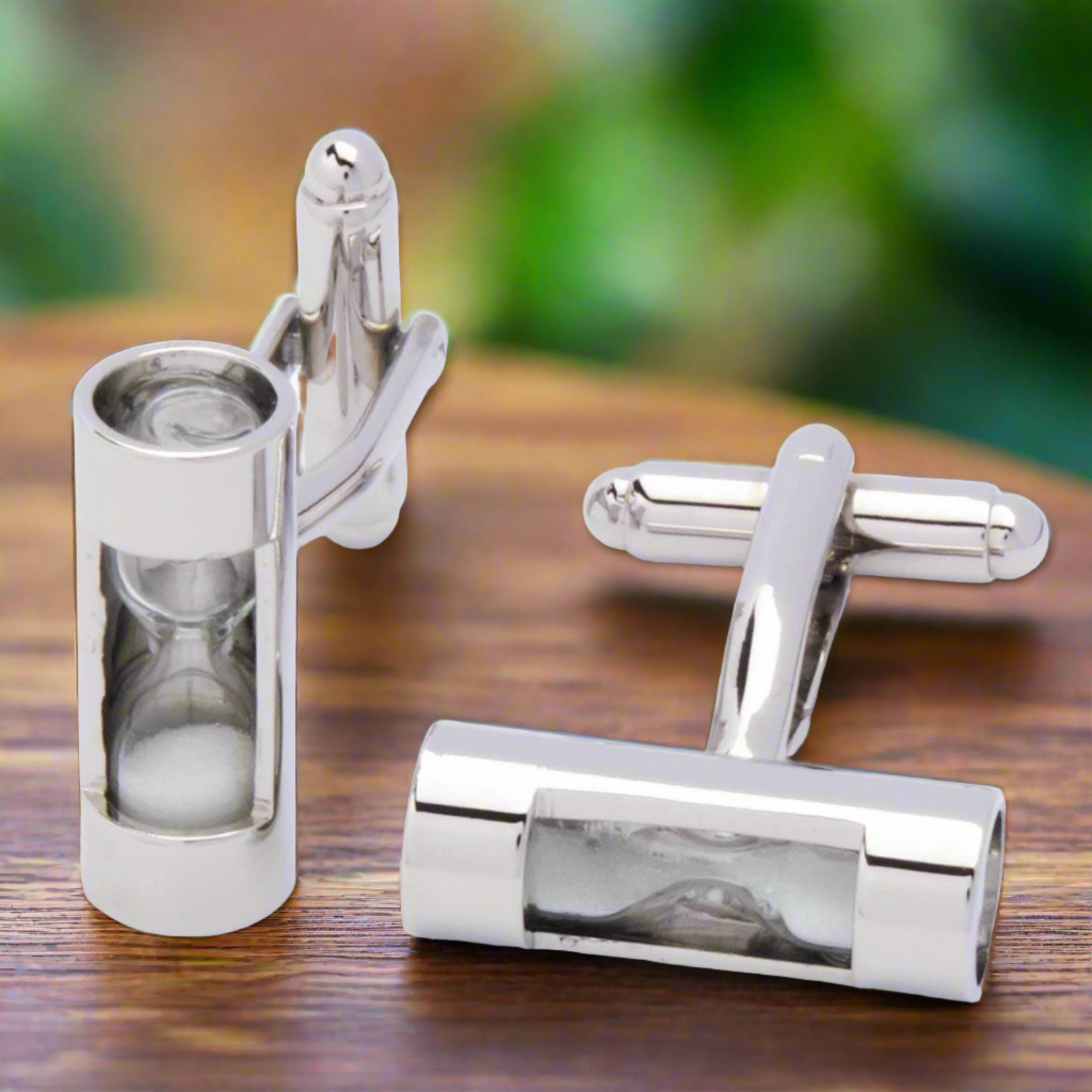 View 3 A chrome and white colored hour glass shape cuff-links set||White Sand