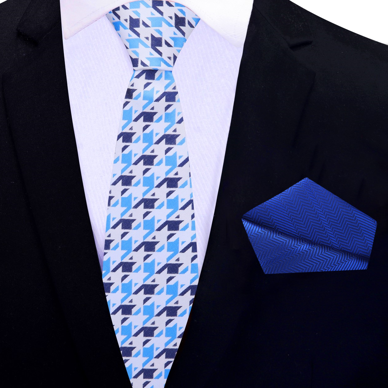 Thin White and Shades of Blue Hounds tooth Tie and Accenting Blue square