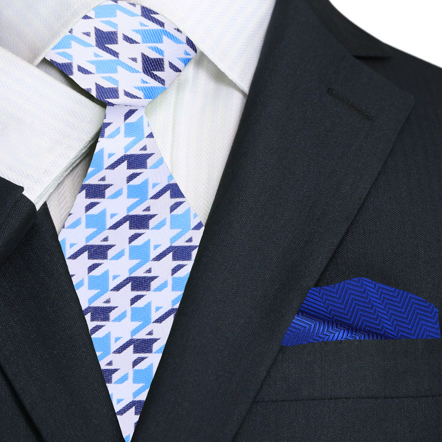 White and Shades of Blue Hounds tooth Tie and Accenting Blue square