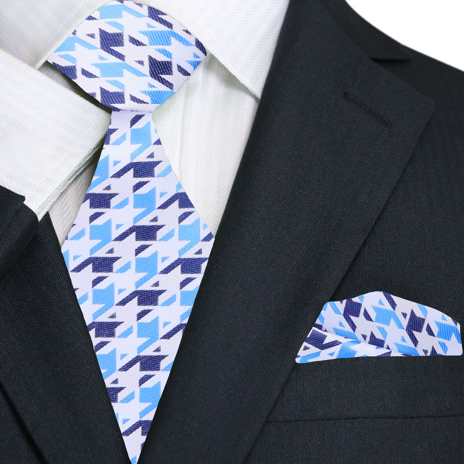 White and Shades of Blue Hounds tooth Tie and square