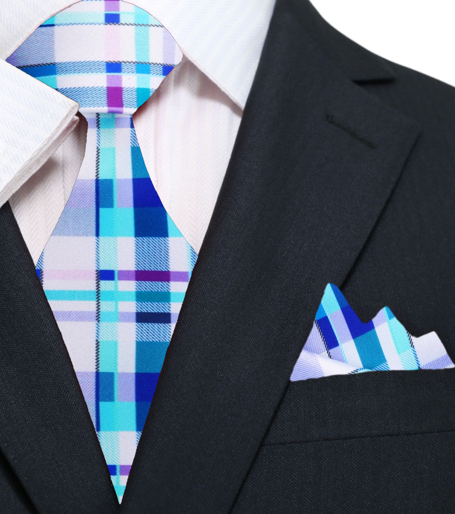 Shades of Blue and Purple Plaid Tie and Pocket Square