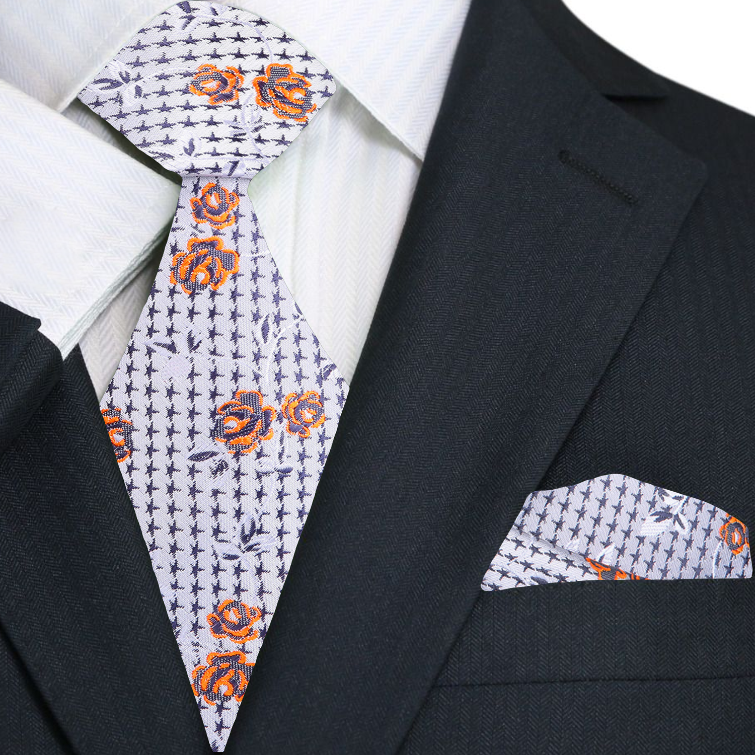 A Grey, Gold Blossom Tie and Square