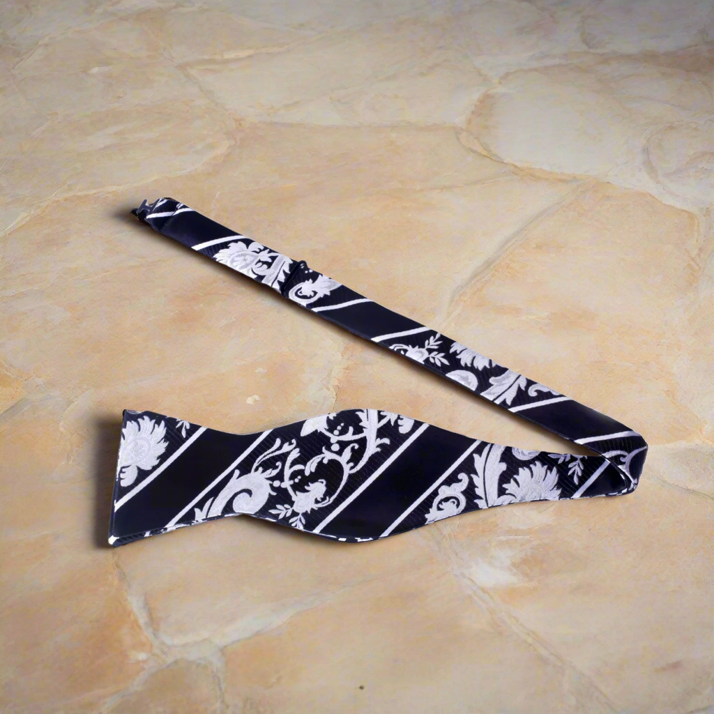 Black, Light Grey Paisley Self Tie Bow Tie