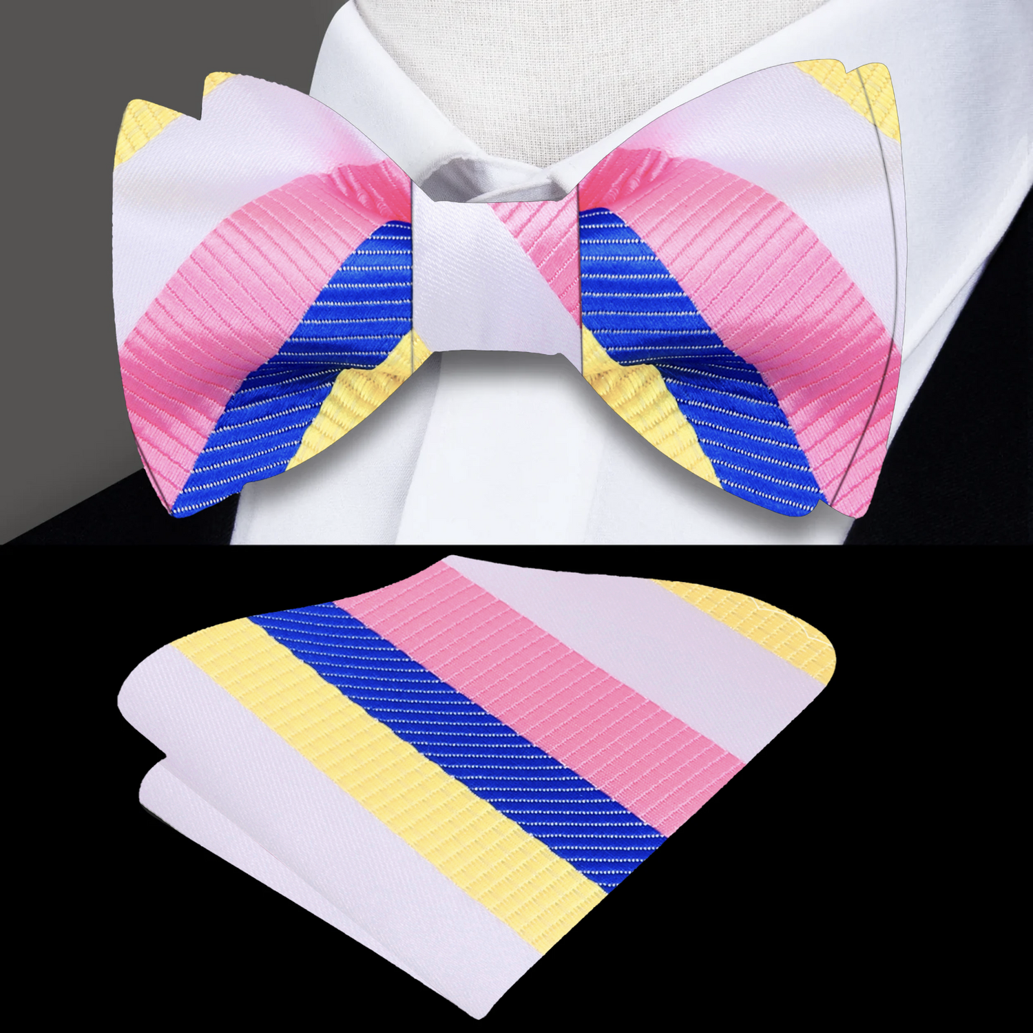 Blue Green Pink White Stripe React Stripe Bow Tie and Square
