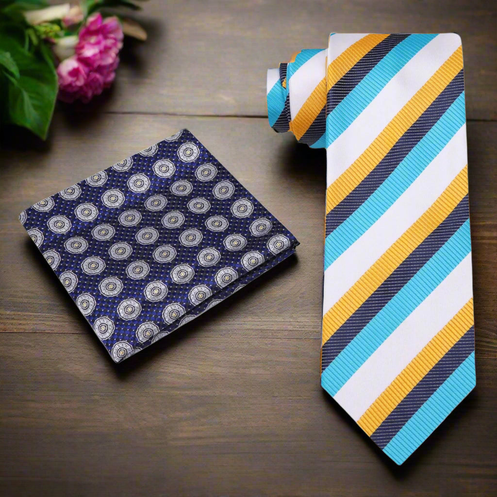 Alt A White, Light Blue, Yellow, Blue Stripe Pattern Necktie and Accenting Dark Blue Geometric Square