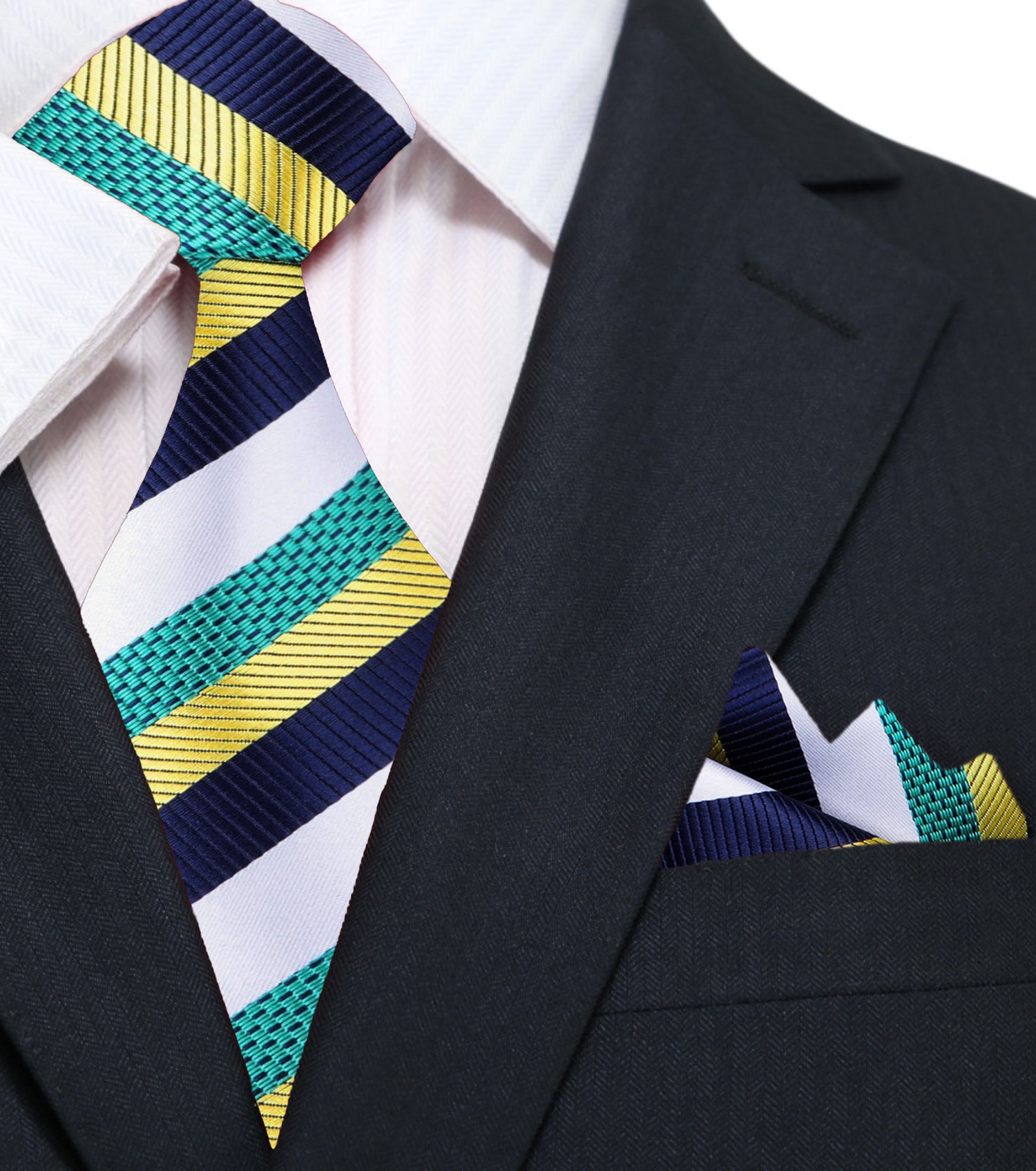 A White, Green, Blue, Yellow Stripe Pattern Silk Necktie, Matching Pocket Square