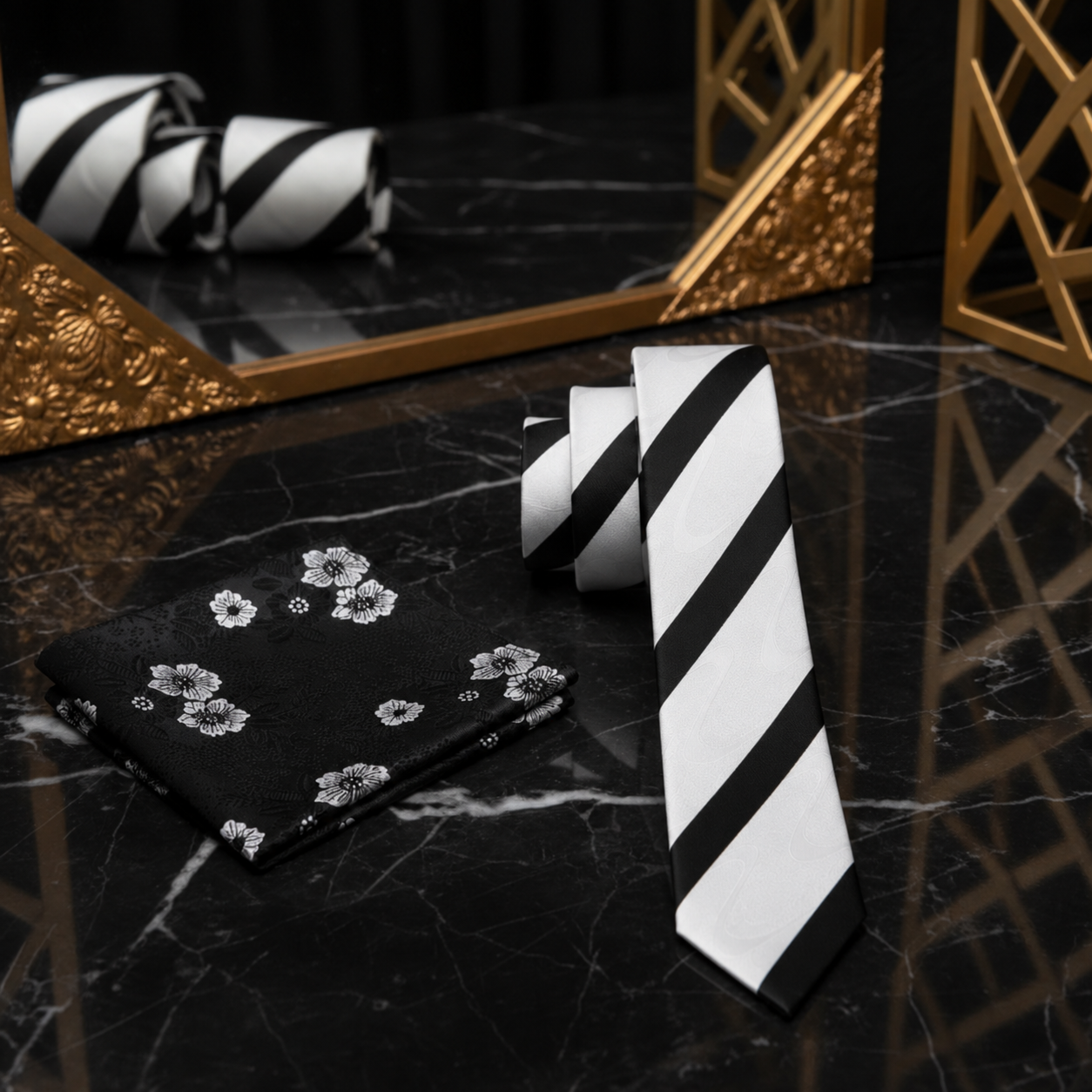 White Black Stripe Thin Tie and Accenting Square