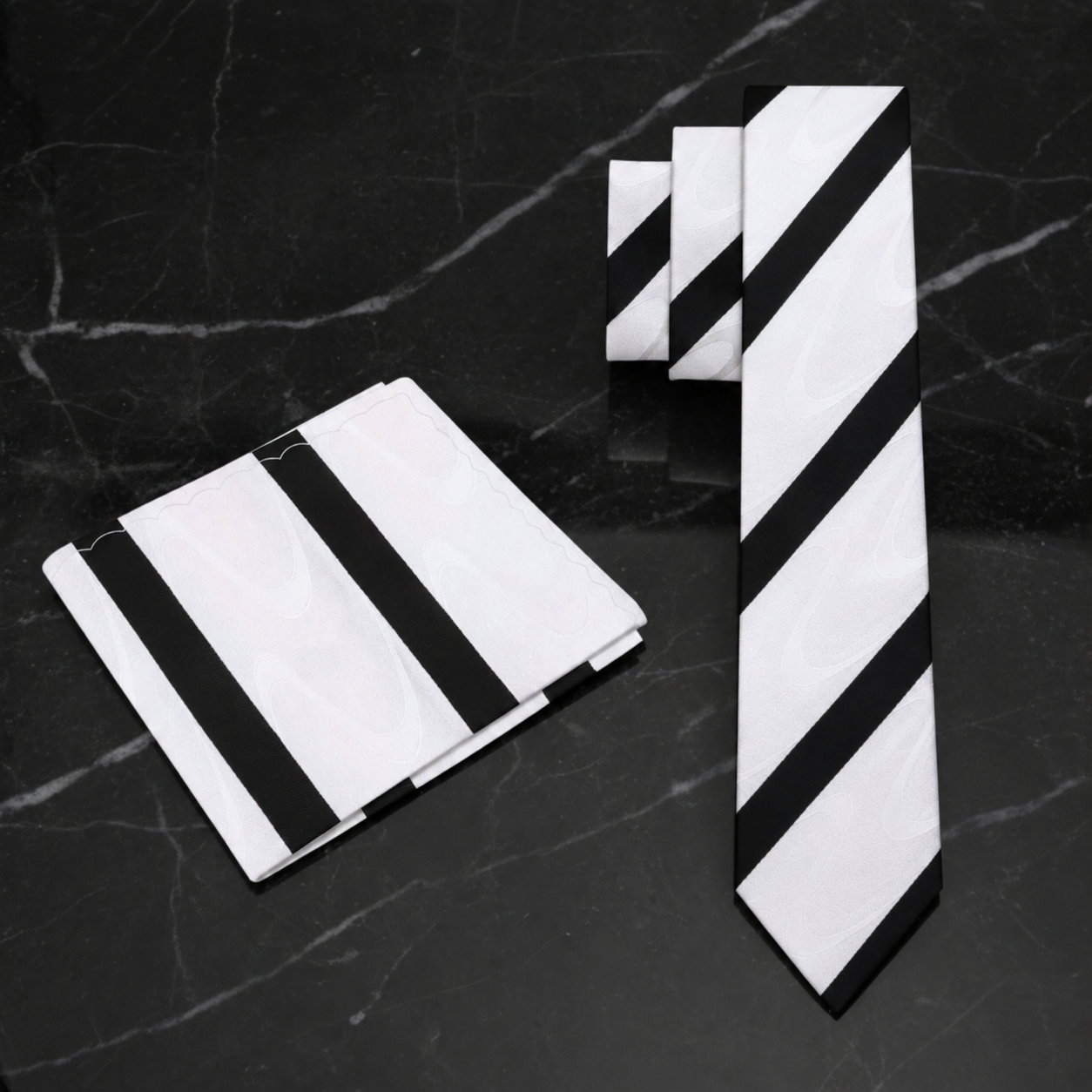 White Black Stripe Thin Tie and Square