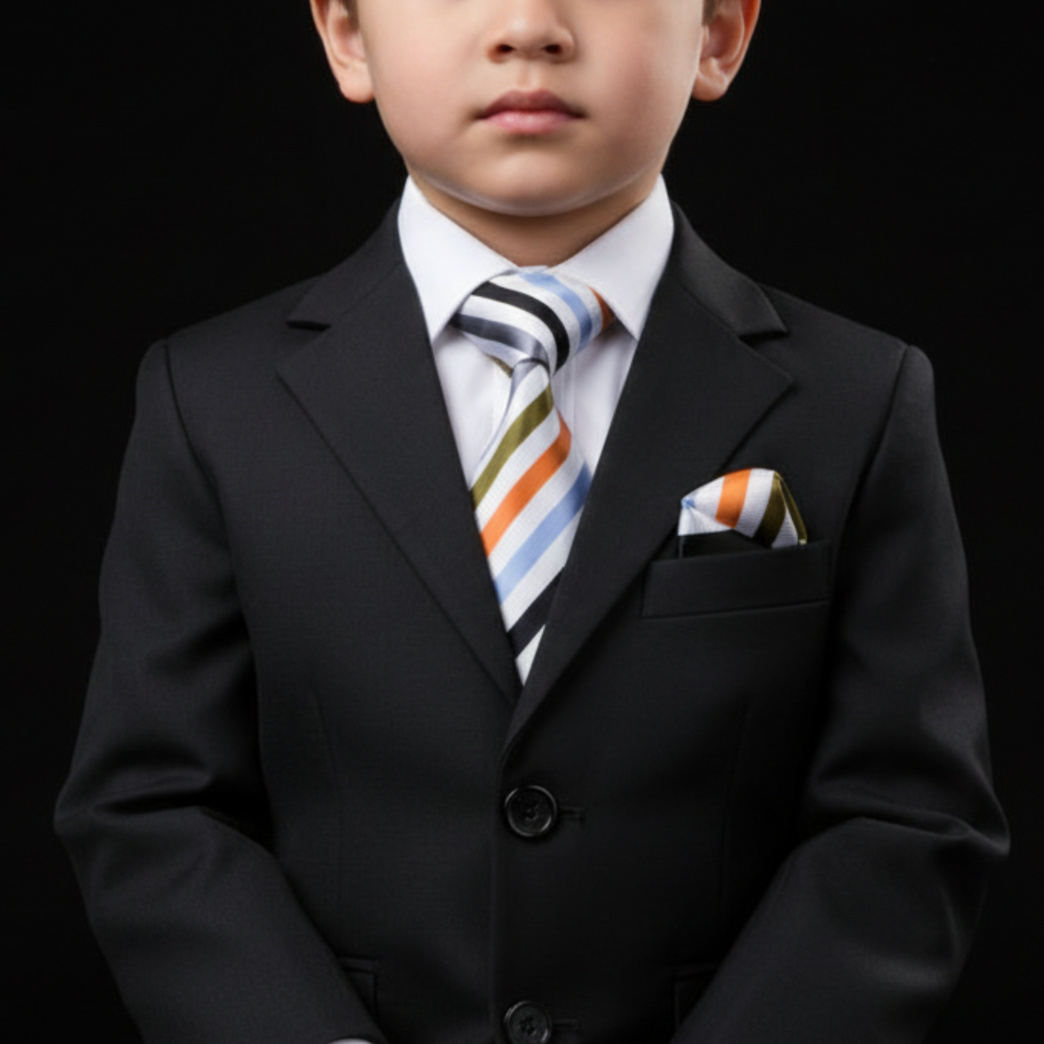 Young boy in a formal black suit with a striped tie on a black background