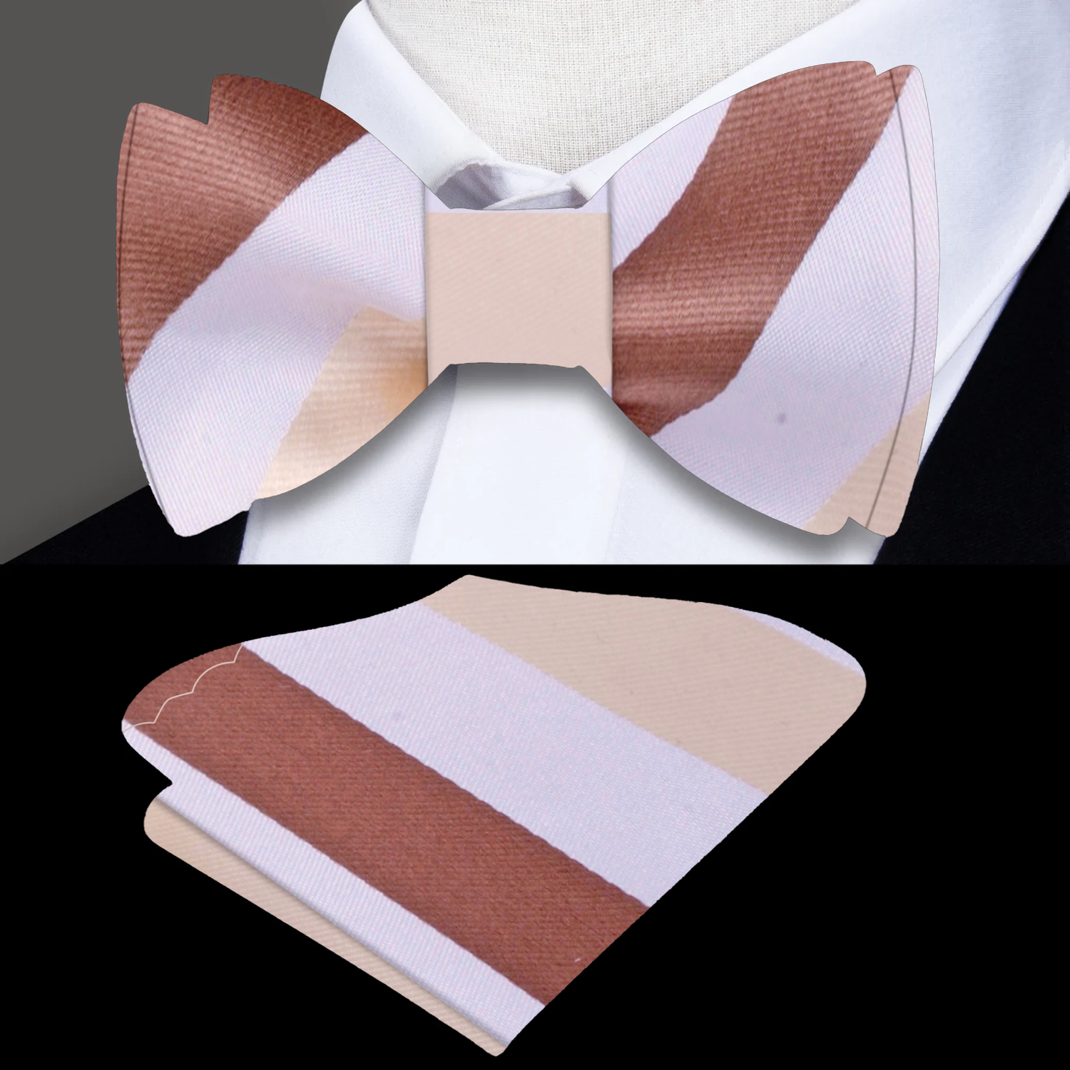 Main: White, Brown, Light Brown Stripe Bow Tie and Pocket Square