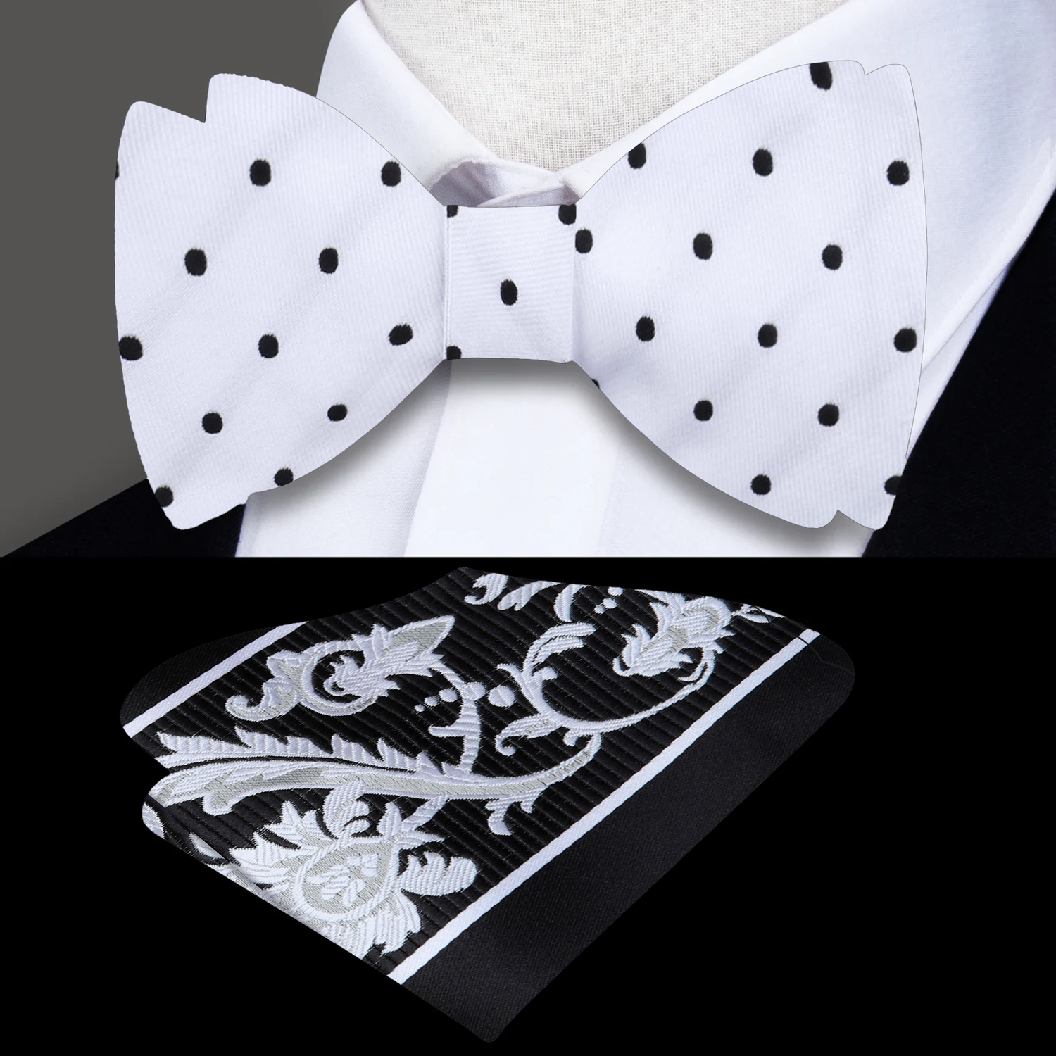White with medium black dots bow tie and accenting pocket square