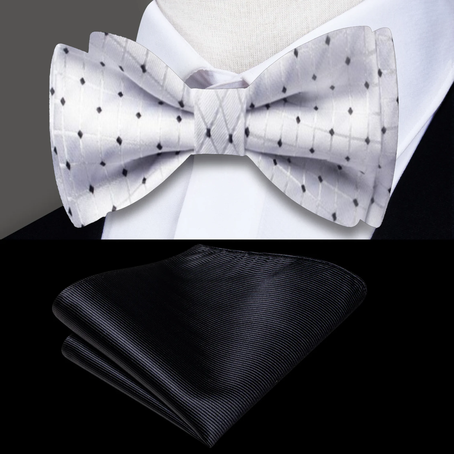 White, Black Bow Tie and Black Pocket Square