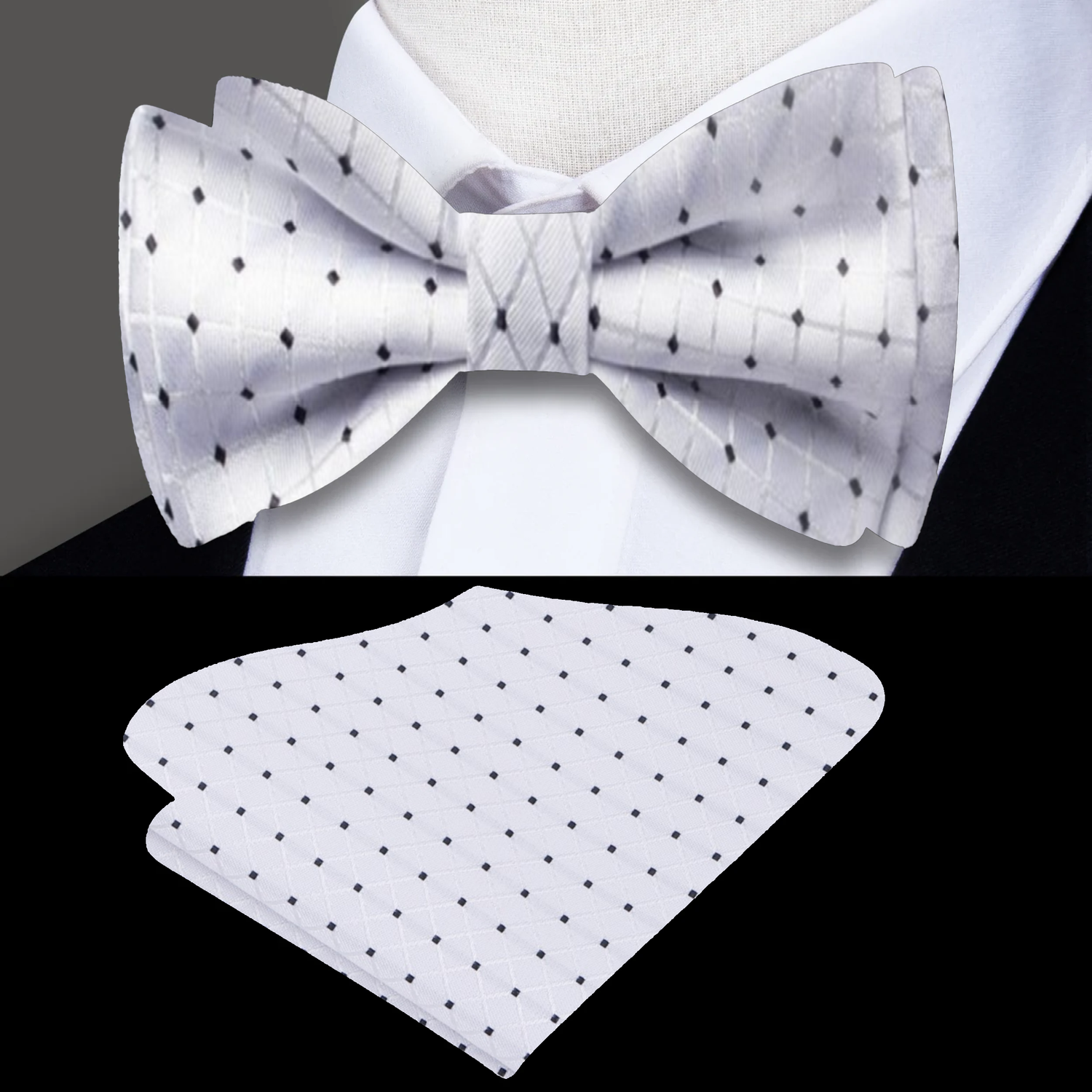 White, Black Bow Tie and Pocket Square