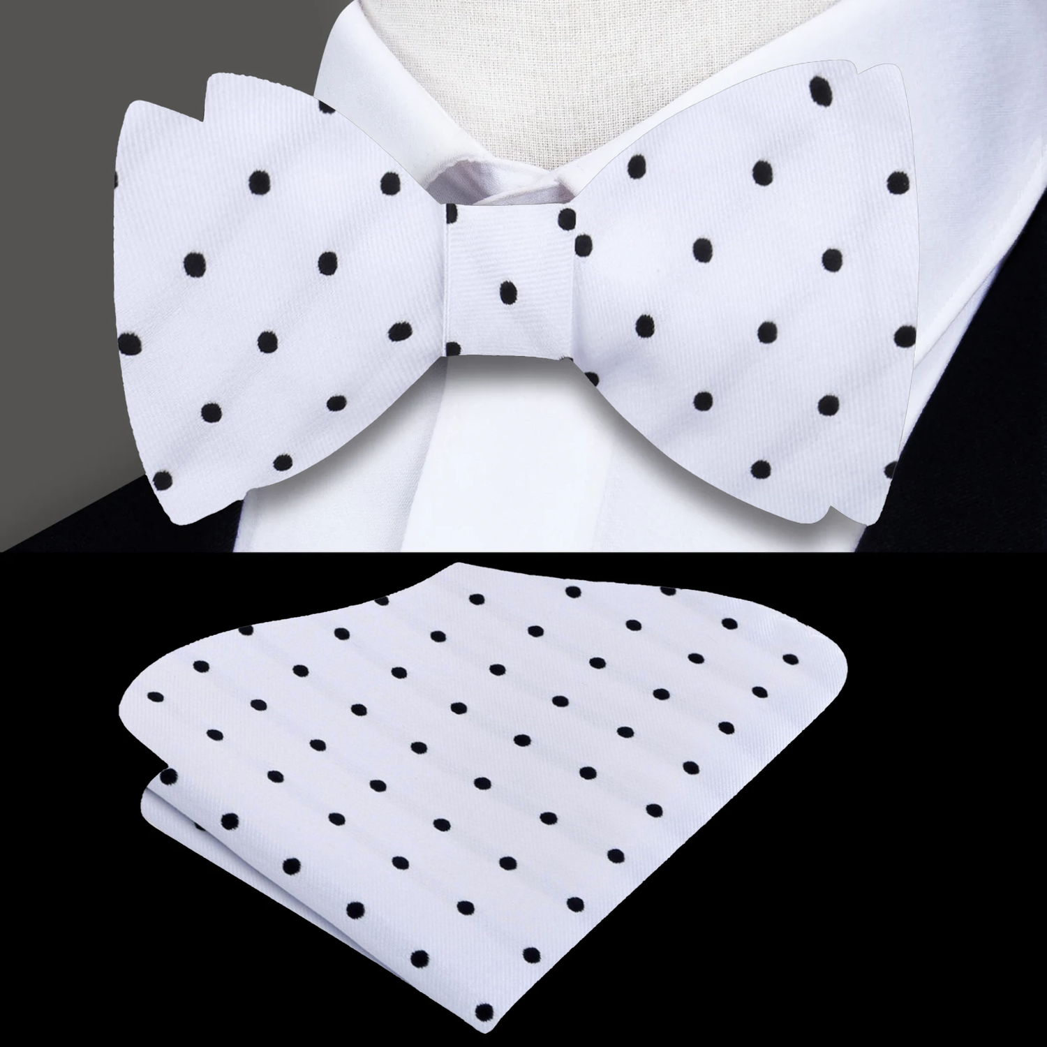 White with medium black dots bow tie and pocket square