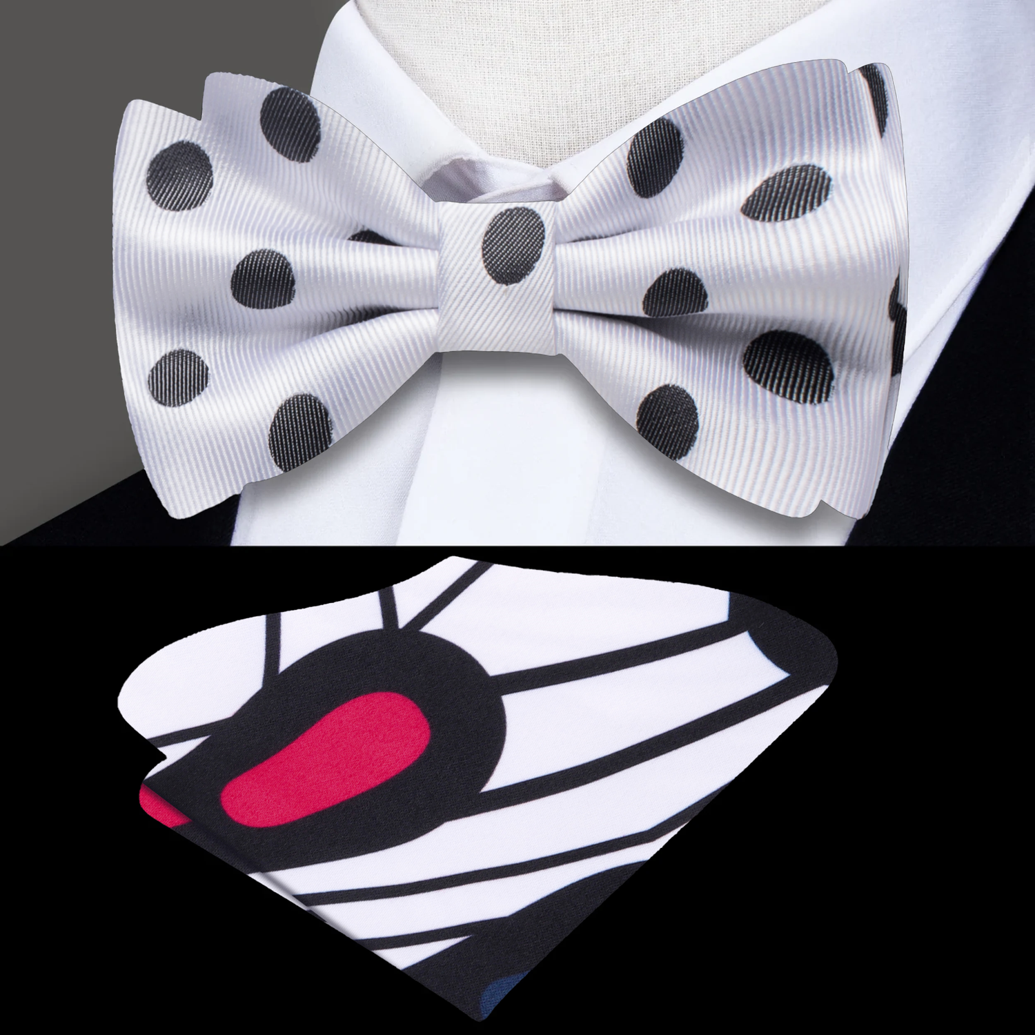 White with Black Dots Bow Tie and Accenting Pocket Square