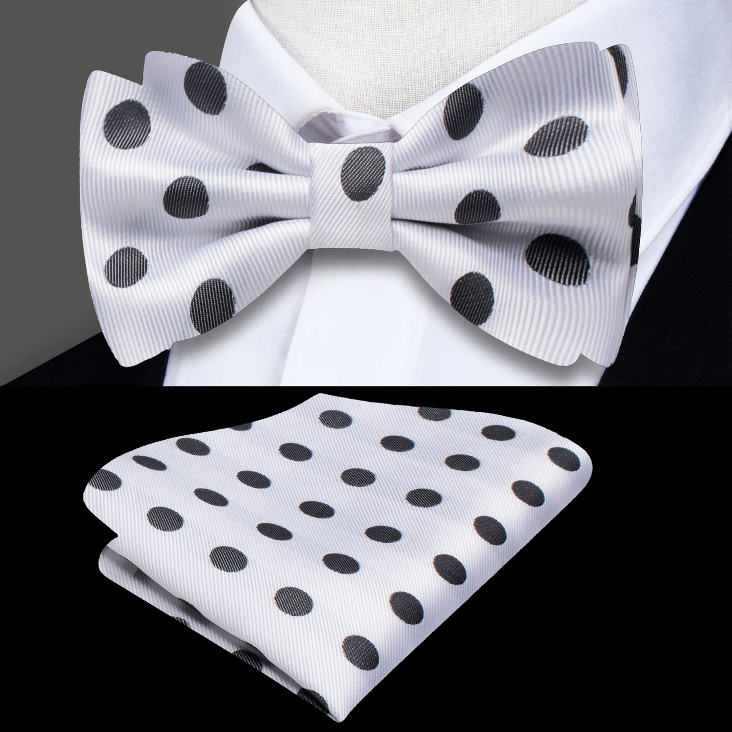 White with Black Dots Bow Tie and Pocket Square