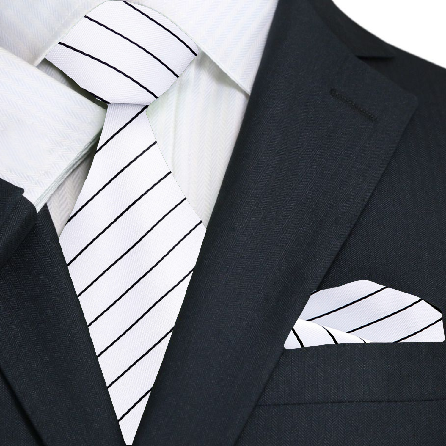 A White, Black Stripe Pattern Necktie and Pocket Square