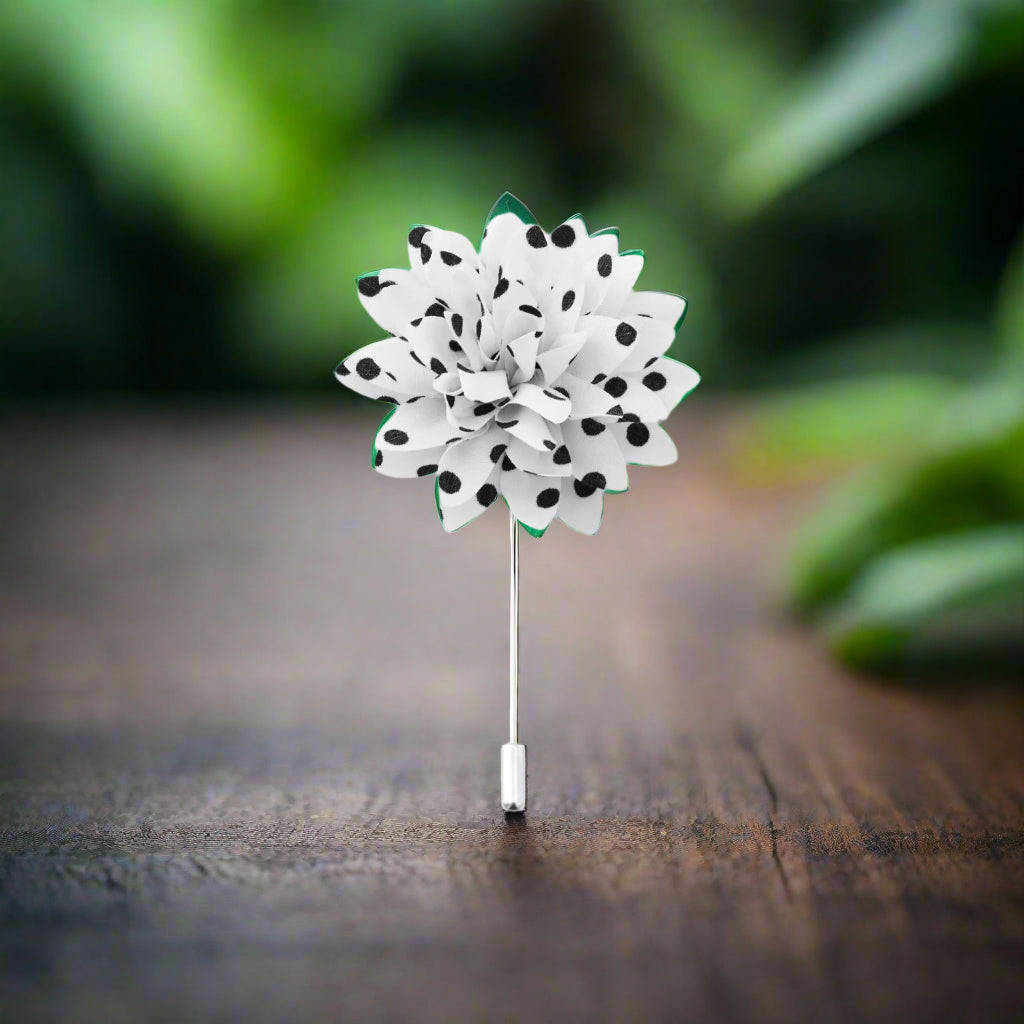 Second View: A White, Black Polka Dot Lapel Flower||White, Black