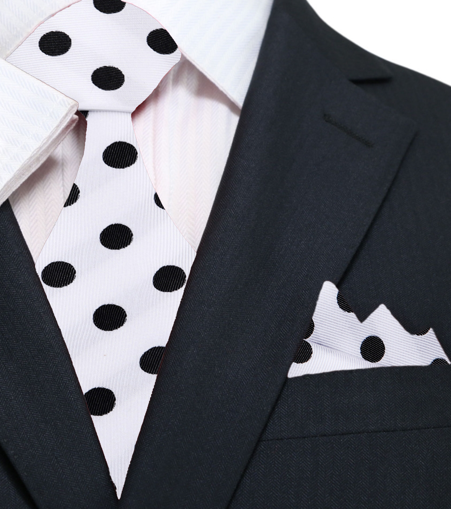 Main: A Off-White, Black Polka Dot Pattern Silk Necktie, Matching Pocket Square
