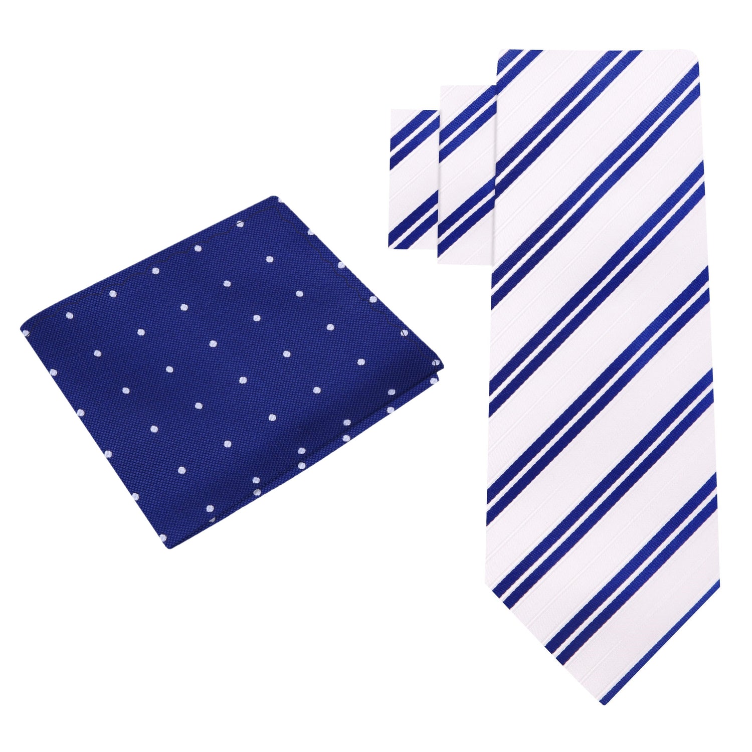 Alt View: White with Blue Stripe Necktie and Accenting Blue White Polka Square