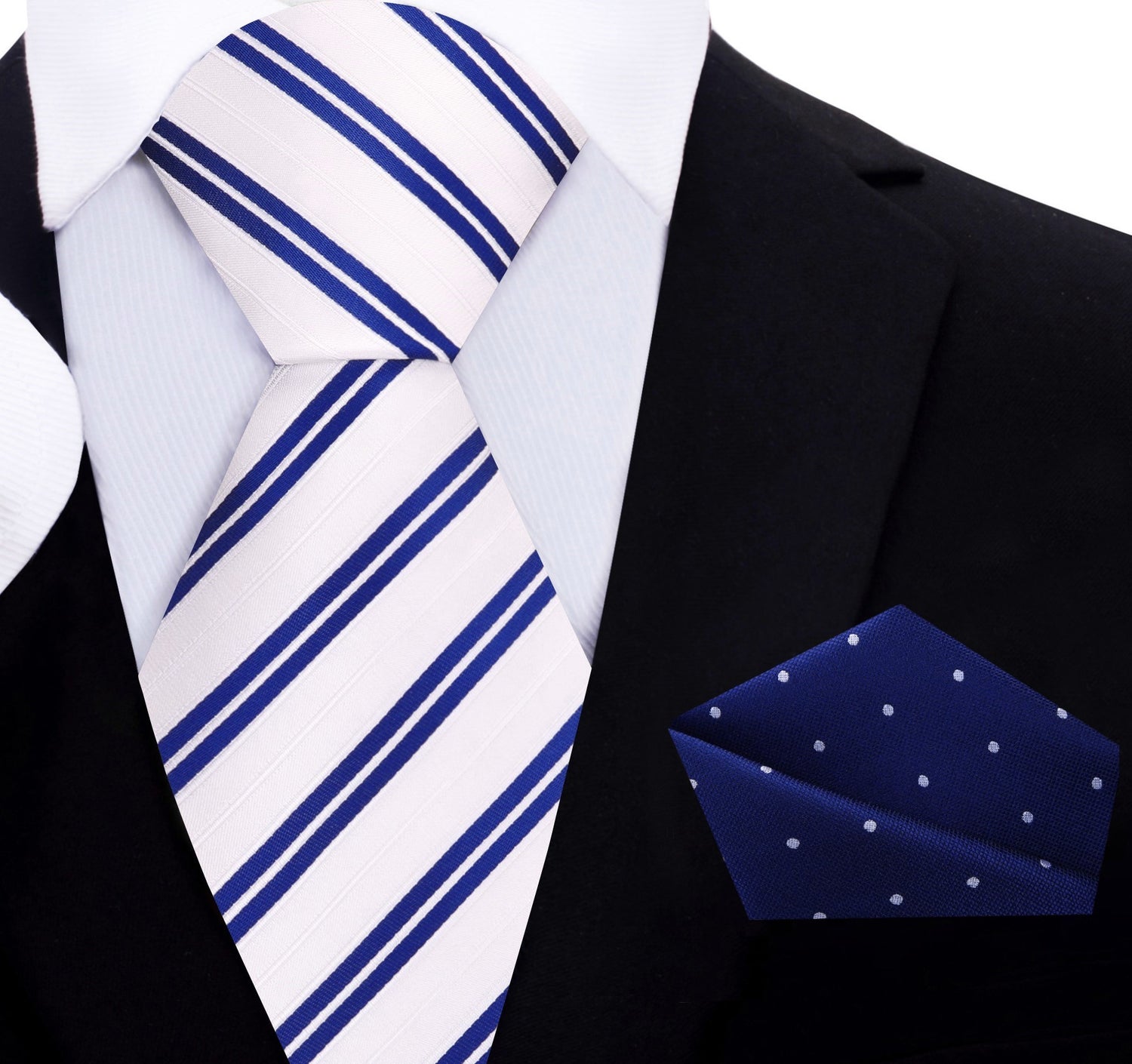 White with Blue Stripe Necktie and Accenting Blue White Polka Square