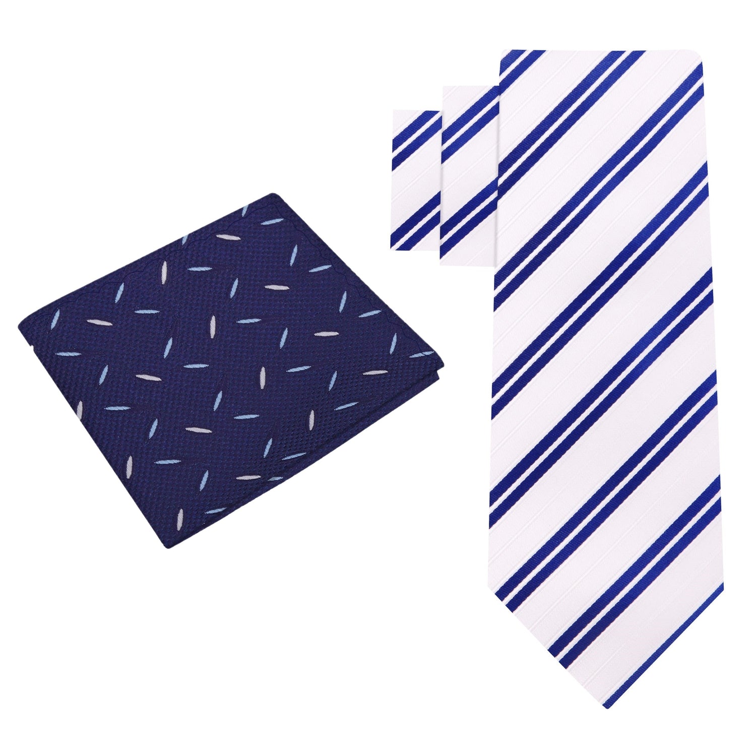 Alt View: White with Blue Stripe Necktie and Accenting Blue White Rice Square