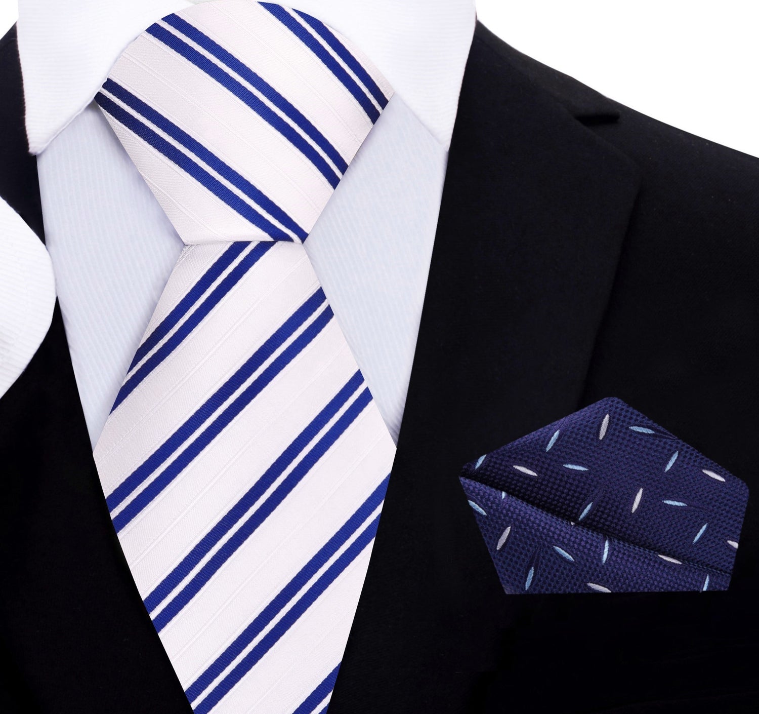 White with Blue Stripe Necktie and Accenting Blue White Rice Square