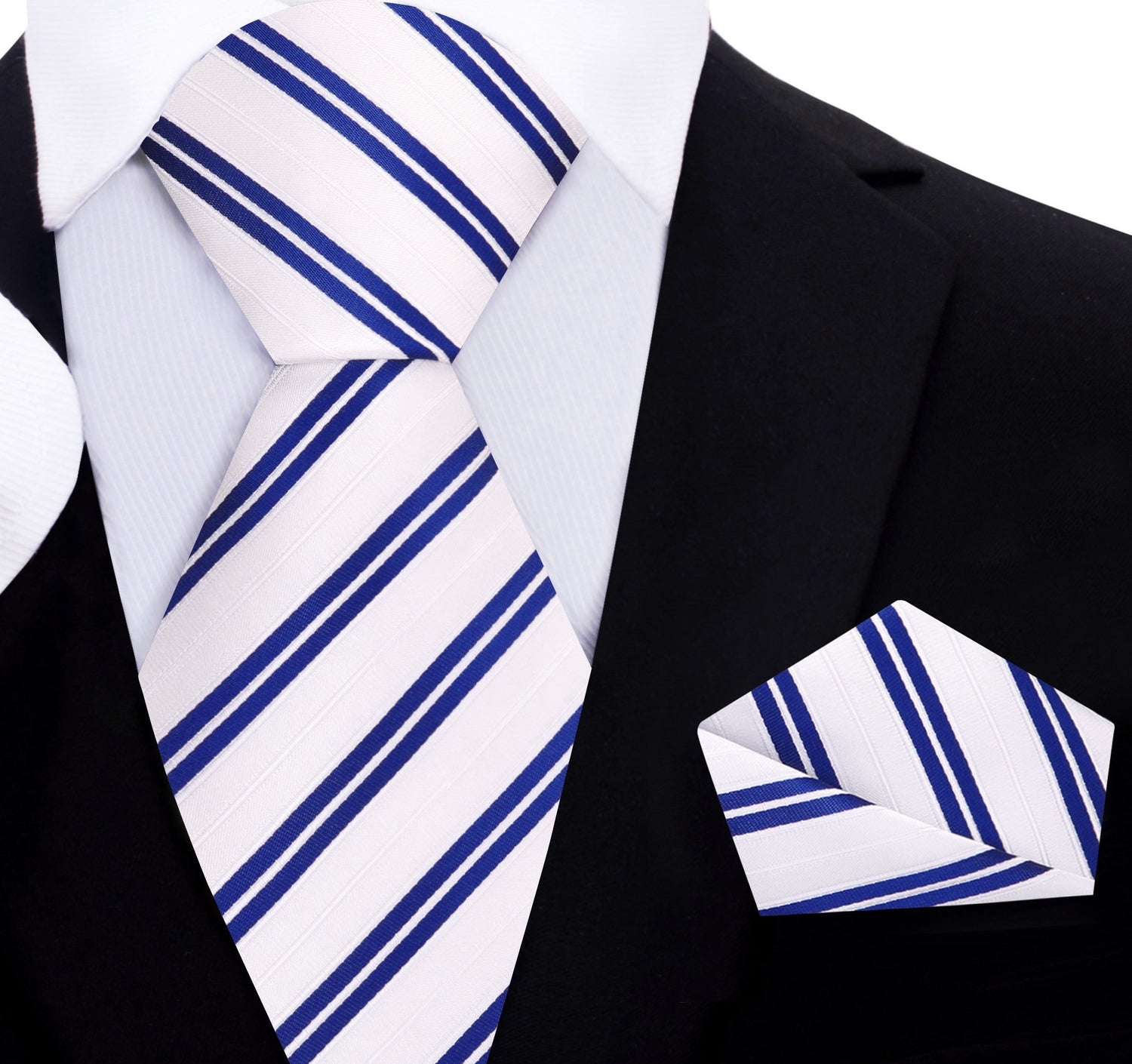 White with Blue Stripe Necktie and Matching Square