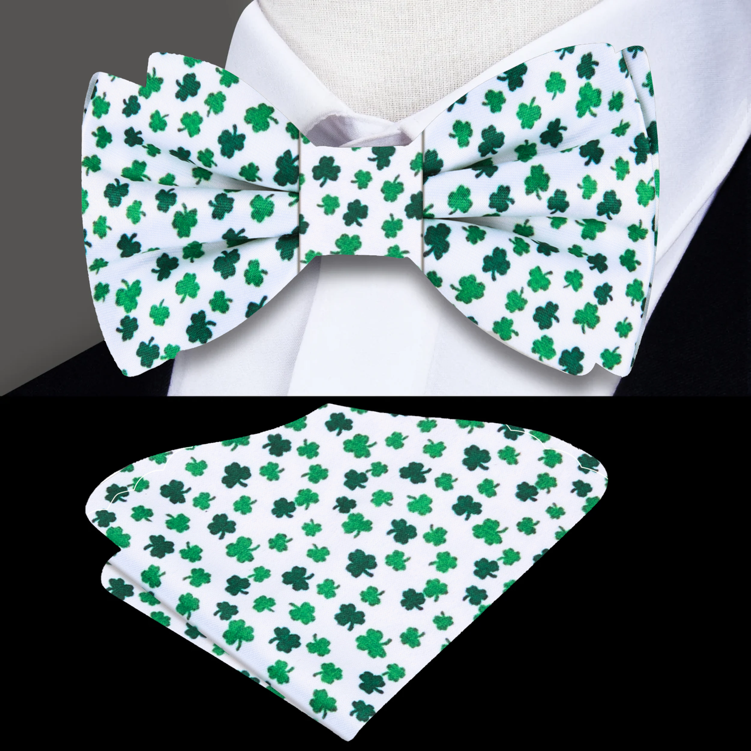 White, Green Four Leaf Clovers Bow Tie and Square