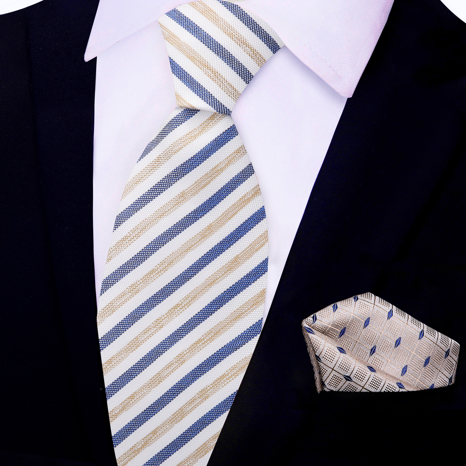 View 2: White, Dark Blue, Light Brown Stripe Necktie with Cream and Blue Geometric Square